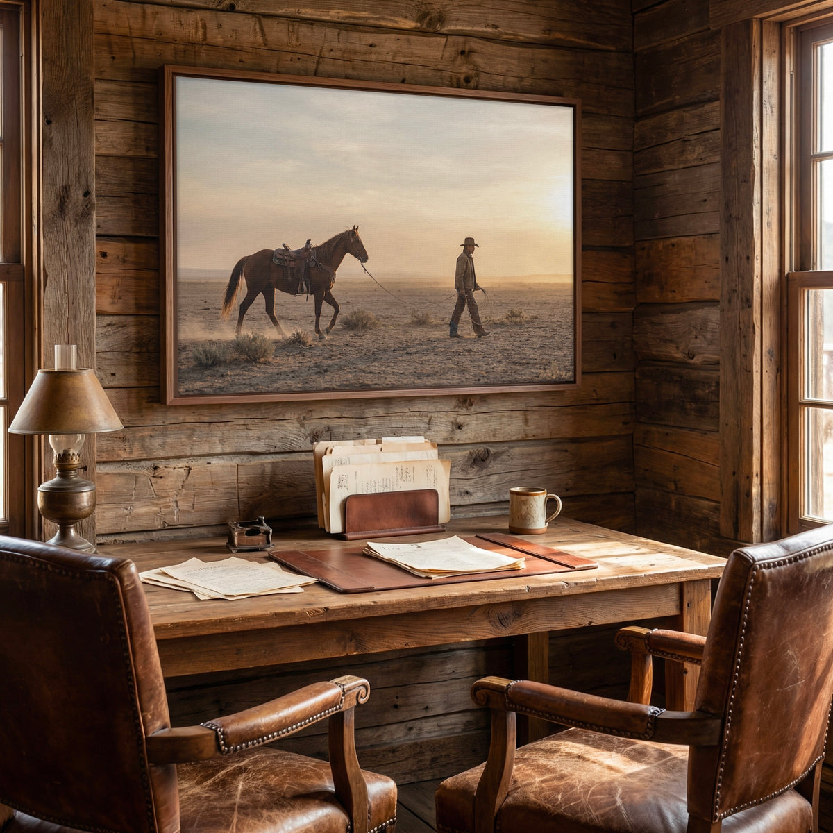 Cowboy Walking His Horse in the Desert: Vintage Western Photo Art Print