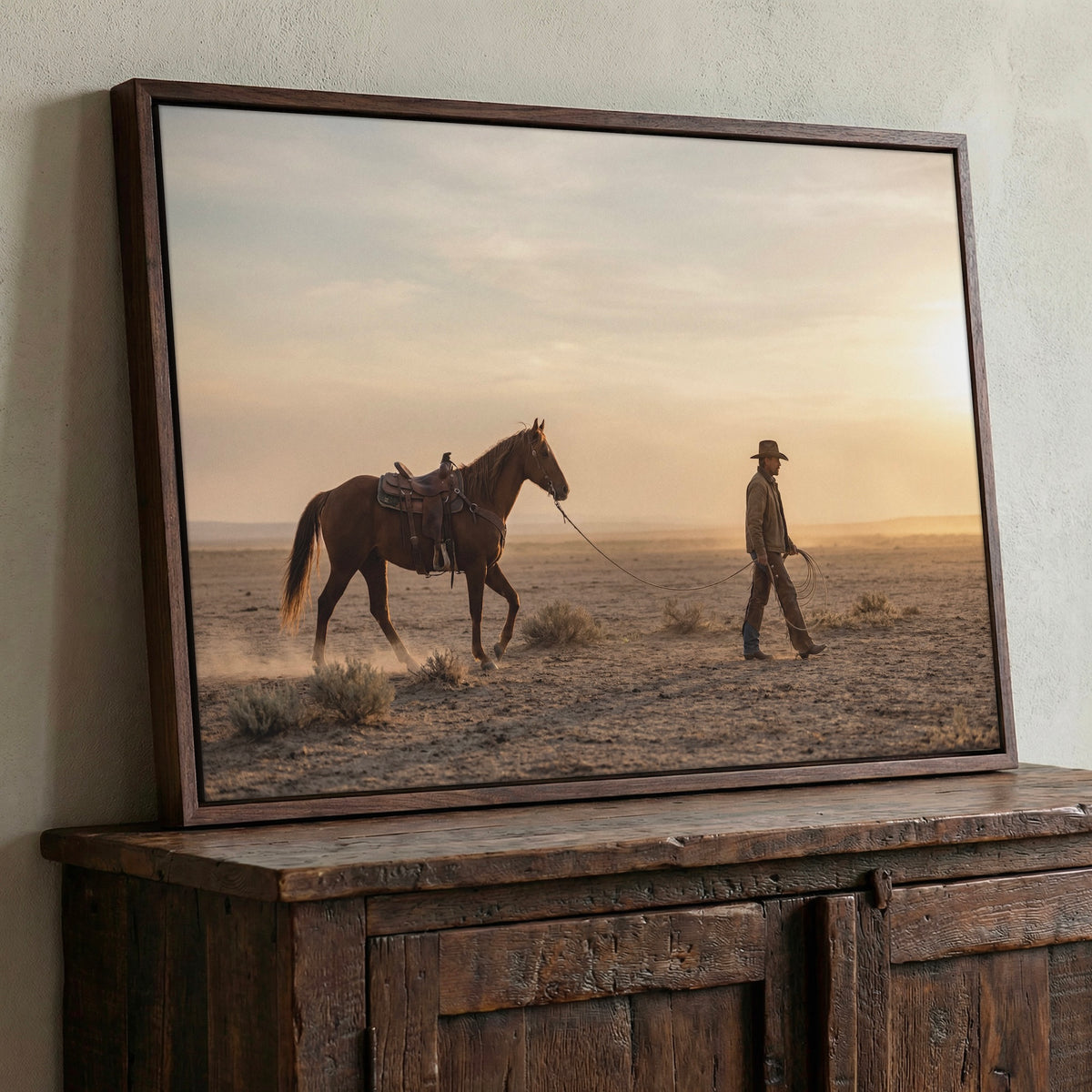 Cowboy Walking His Horse in the Desert: Vintage Western Photo Art Print