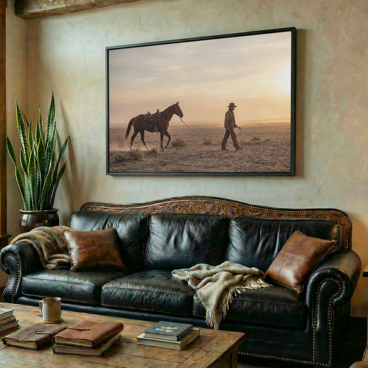 Cowboy Walking His Horse in the Desert: Vintage Western Photo Art Print