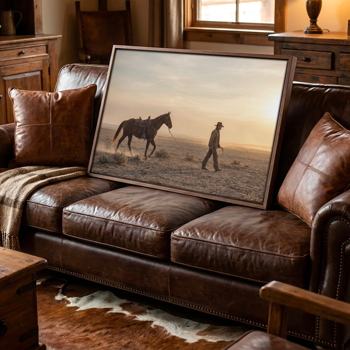 Cowboy Walking His Horse in the Desert: Vintage Western Photo Art Print
