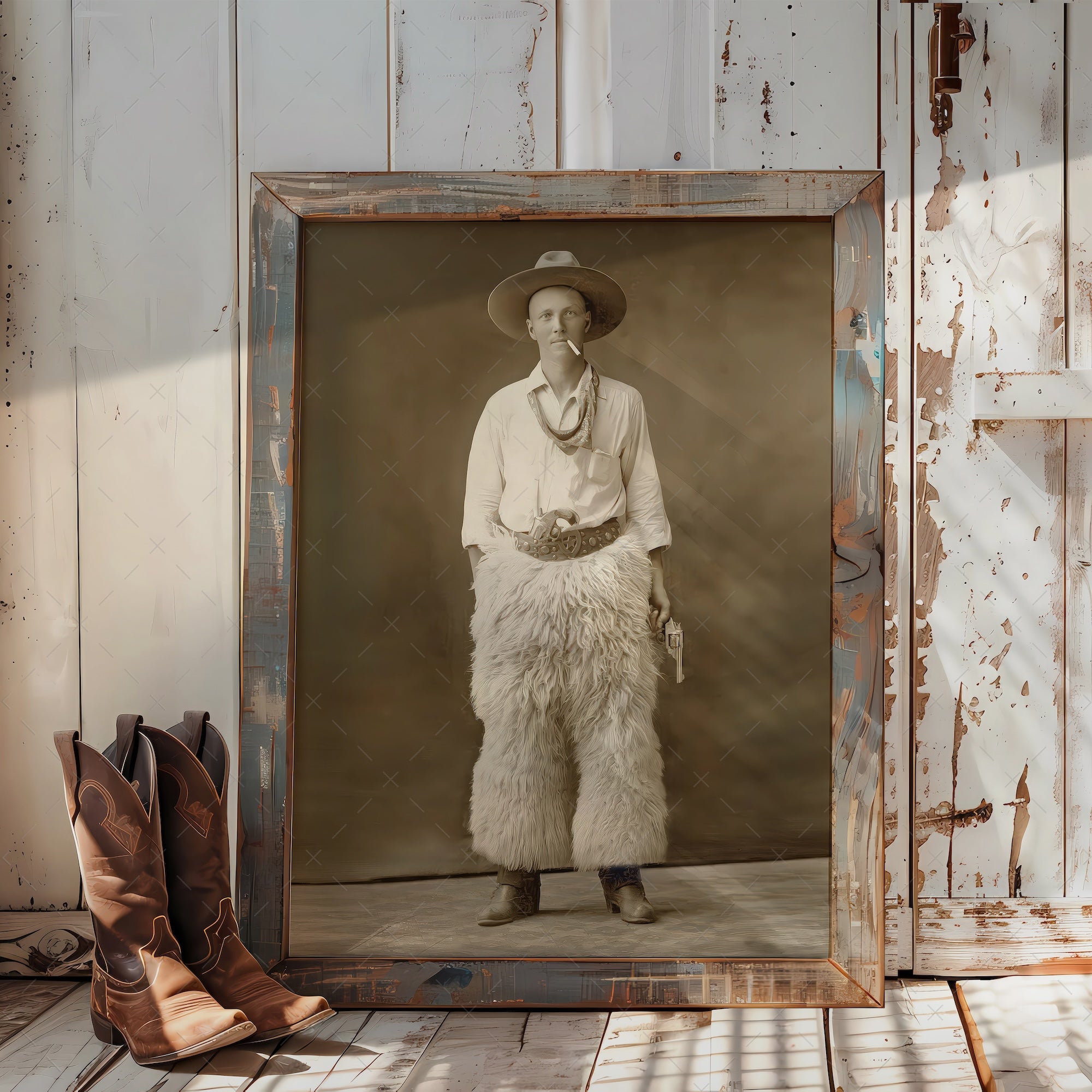 Cowboy in Wool Chaps: Vintage Old West Sepia Photograph (Art Print)