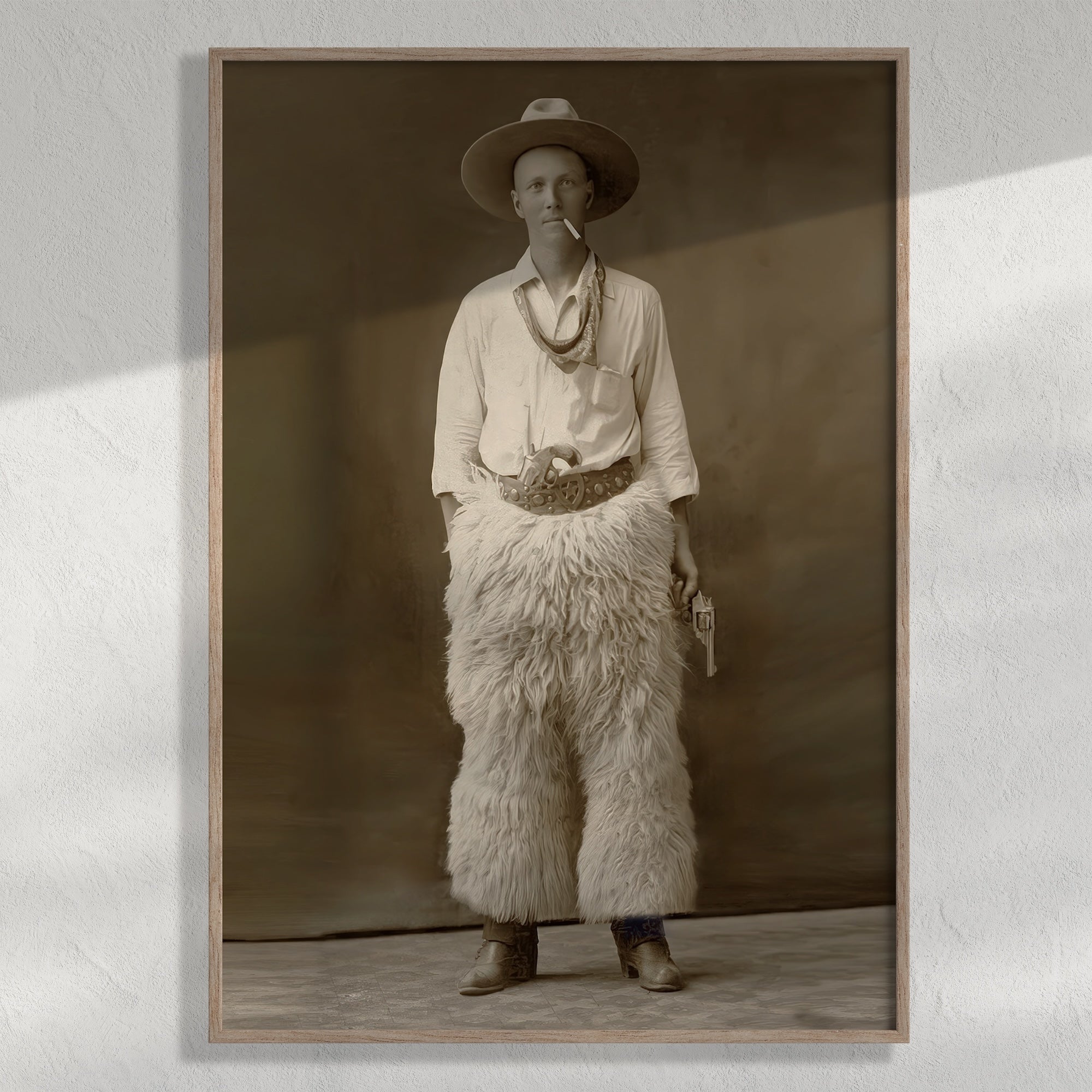 Fancy Duds: Cowboy in Wool Chaps - Vintage Old West Sepia Photograph (Art Print)