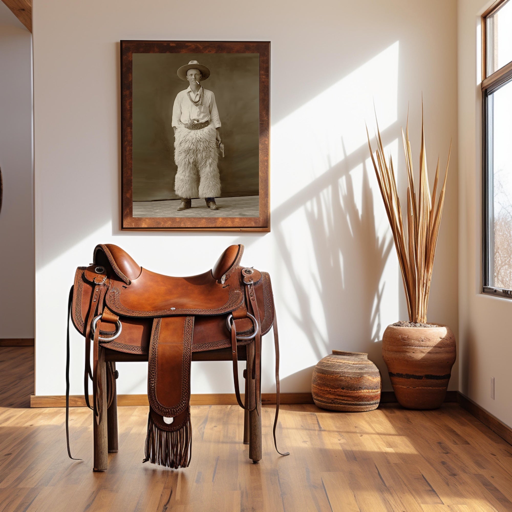 Cowboy in Wool Chaps: Vintage Old West Sepia Photograph (Art Print)