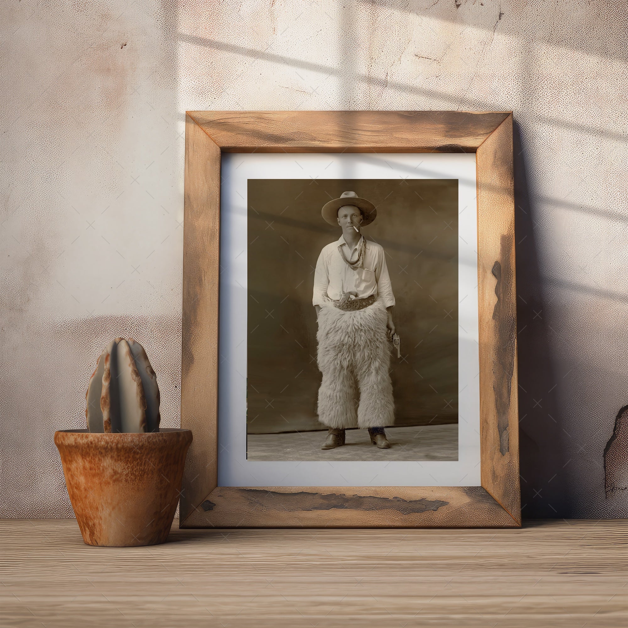 Cowboy in Wool Chaps: Vintage Old West Sepia Photograph (Art Print)