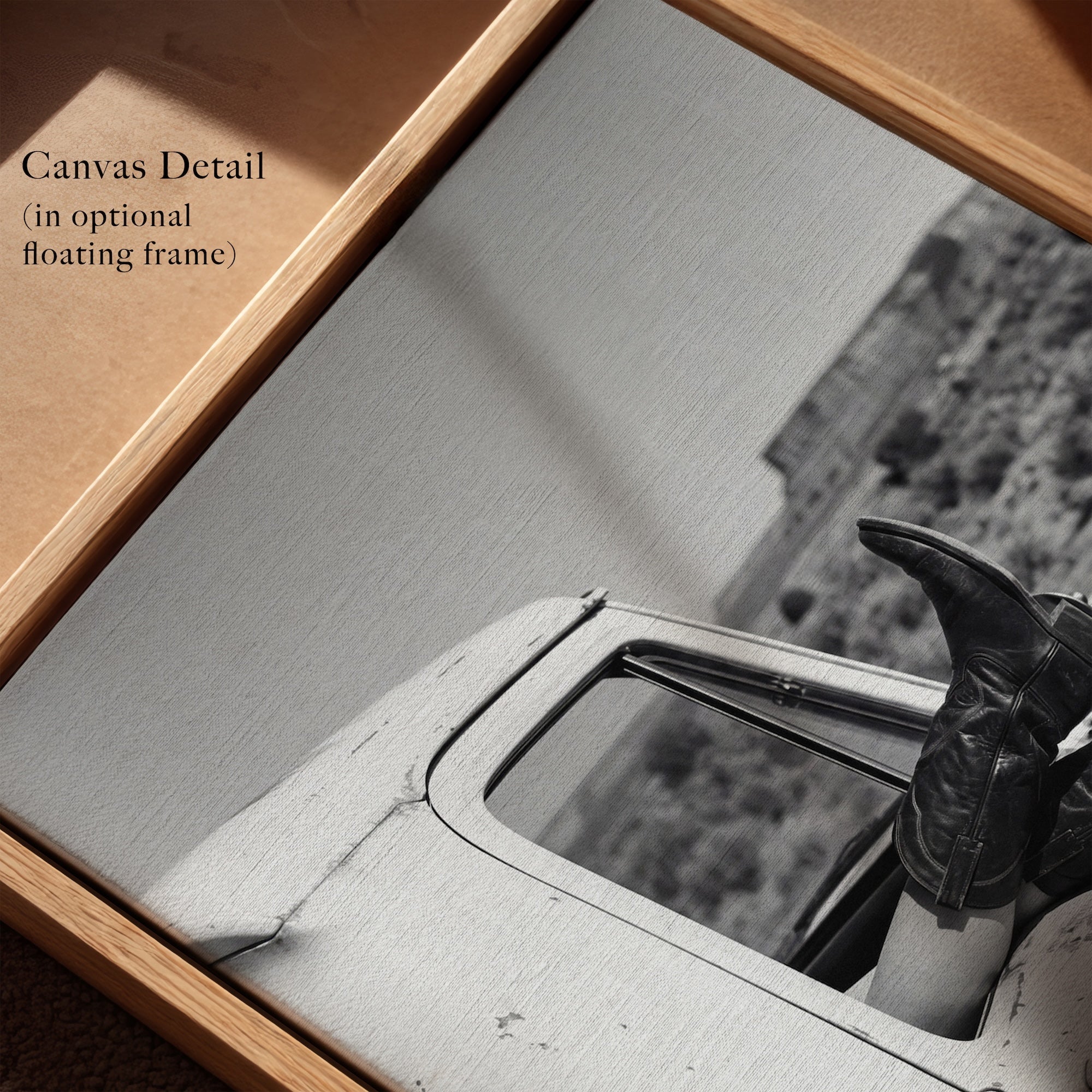 Cowgirl Boots & Pickup Truck: Western Desert Black & White Photo Art Print