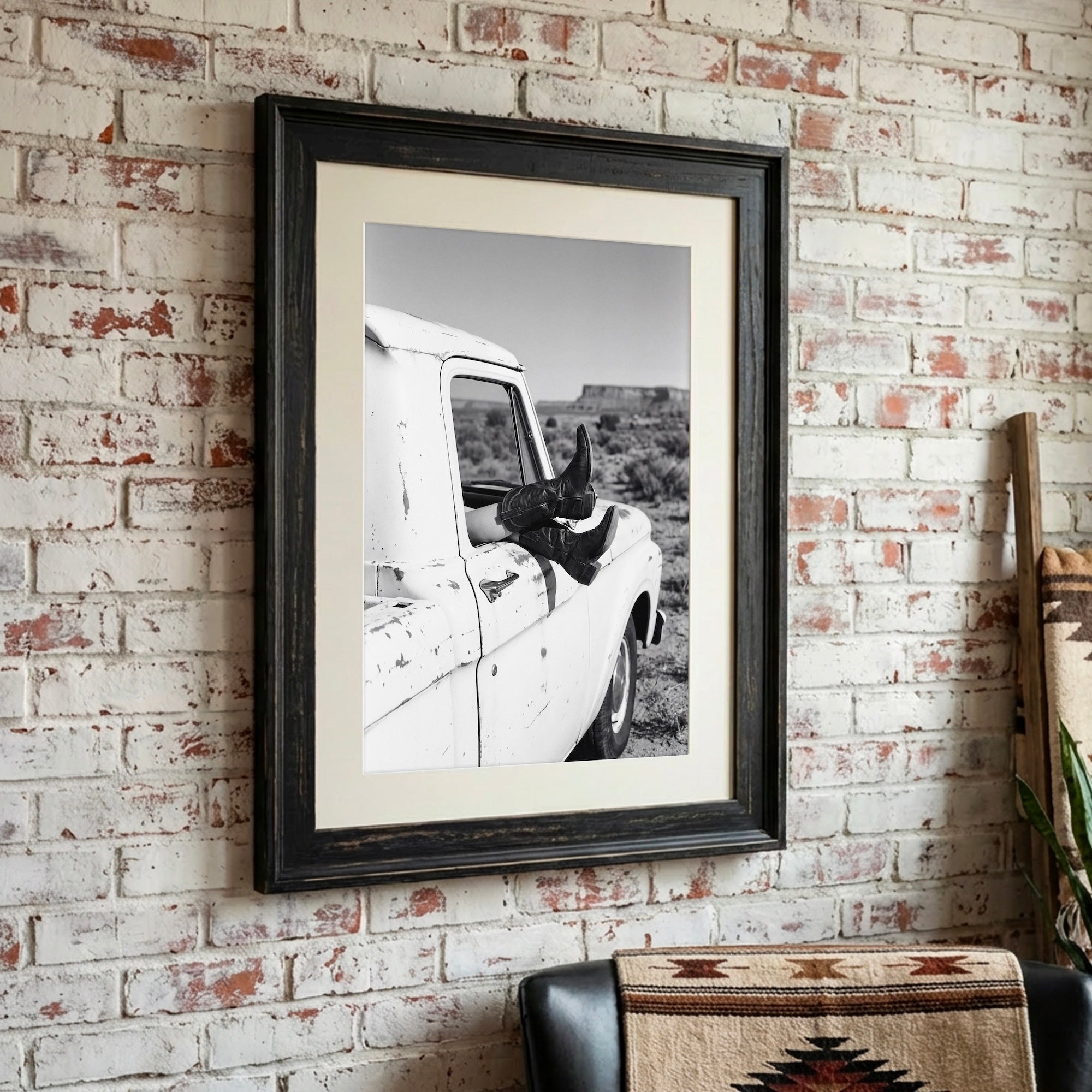 Cowgirl Boots & Pickup Truck: Western Desert Black & White Photo Art Print