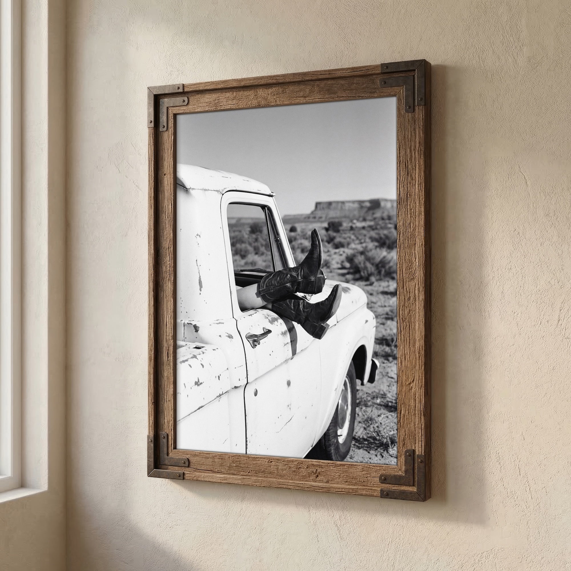 Cowgirl Boots & Pickup Truck: Western Desert Black & White Photo Art Print
