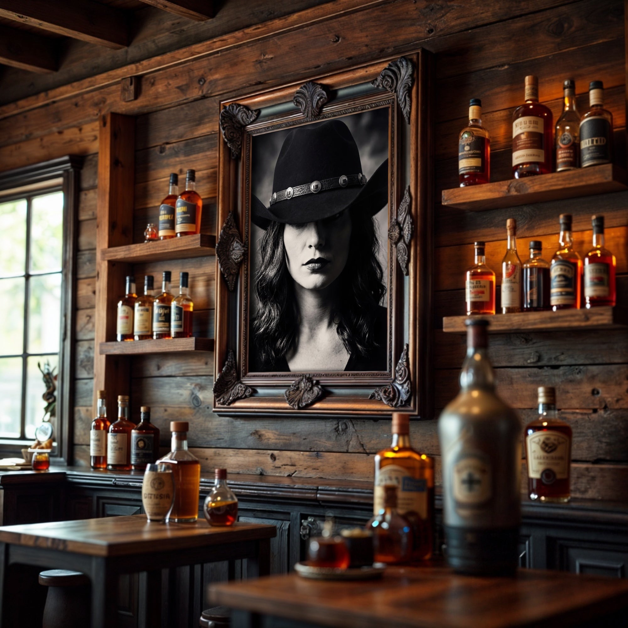Cowgirl in Cowboy Hat: Western Black & White Photo Style Art Print
