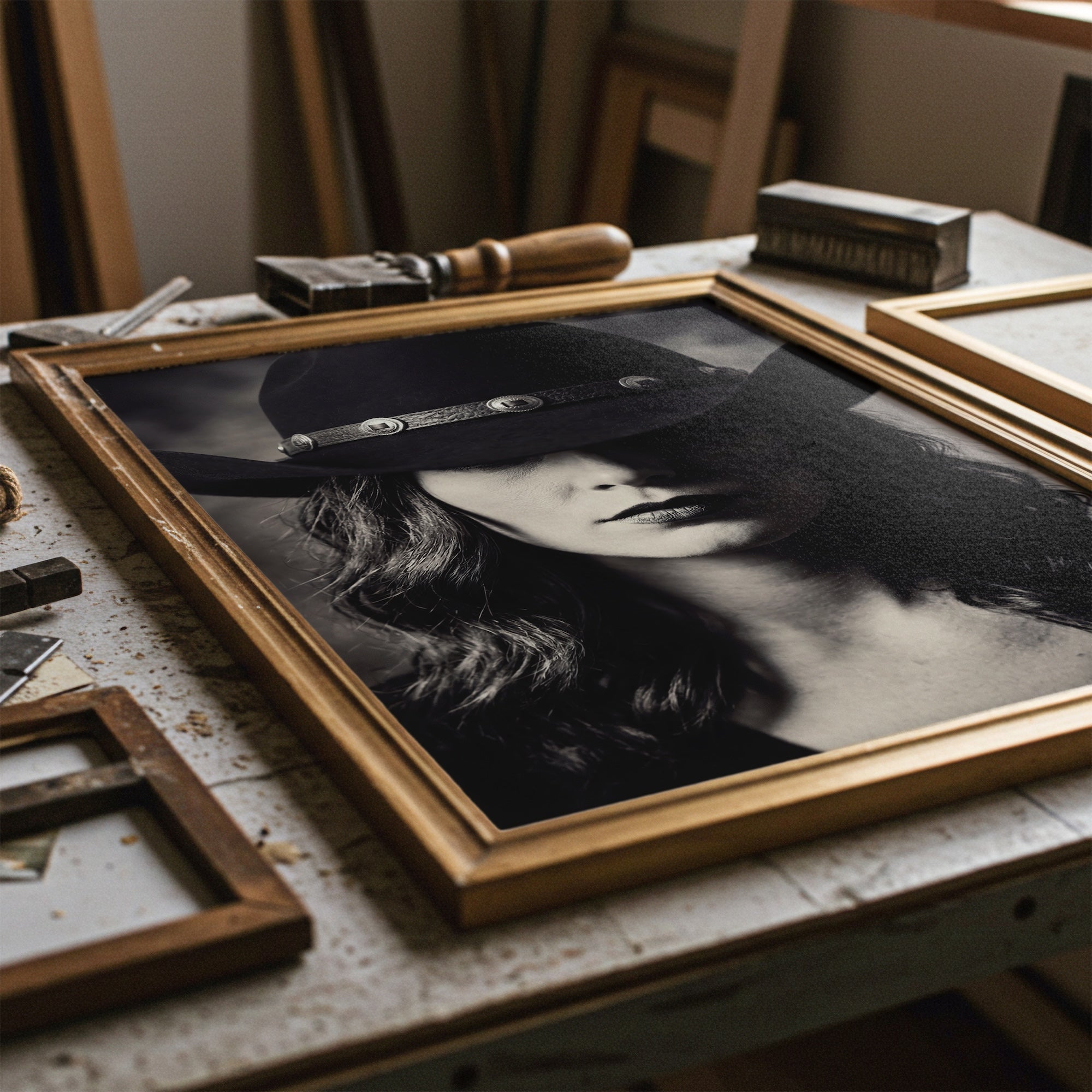 Cowgirl in Cowboy Hat: Western Black & White Photo Style Art Print