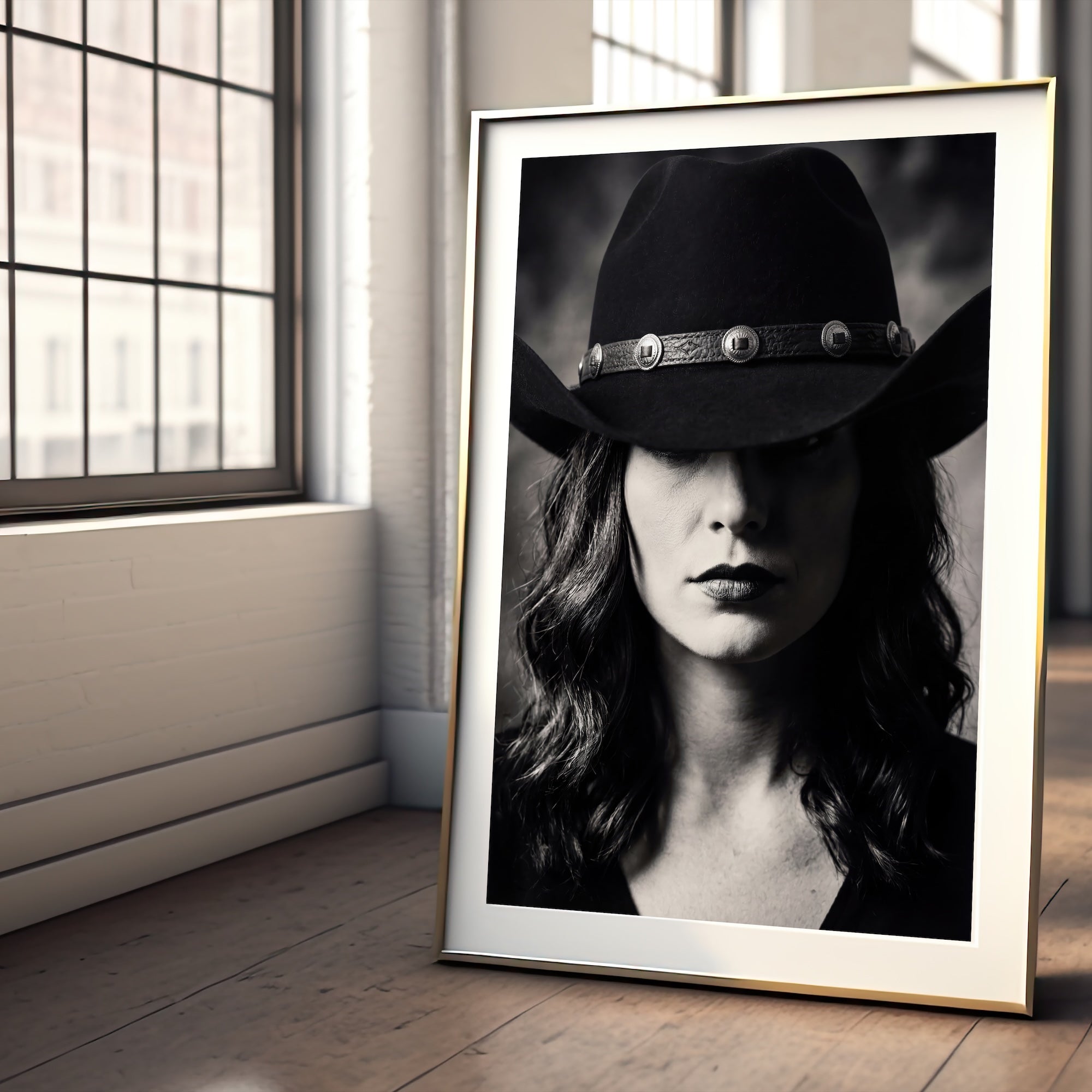 Cowgirl in Cowboy Hat: Western Black & White Photo Style Art Print