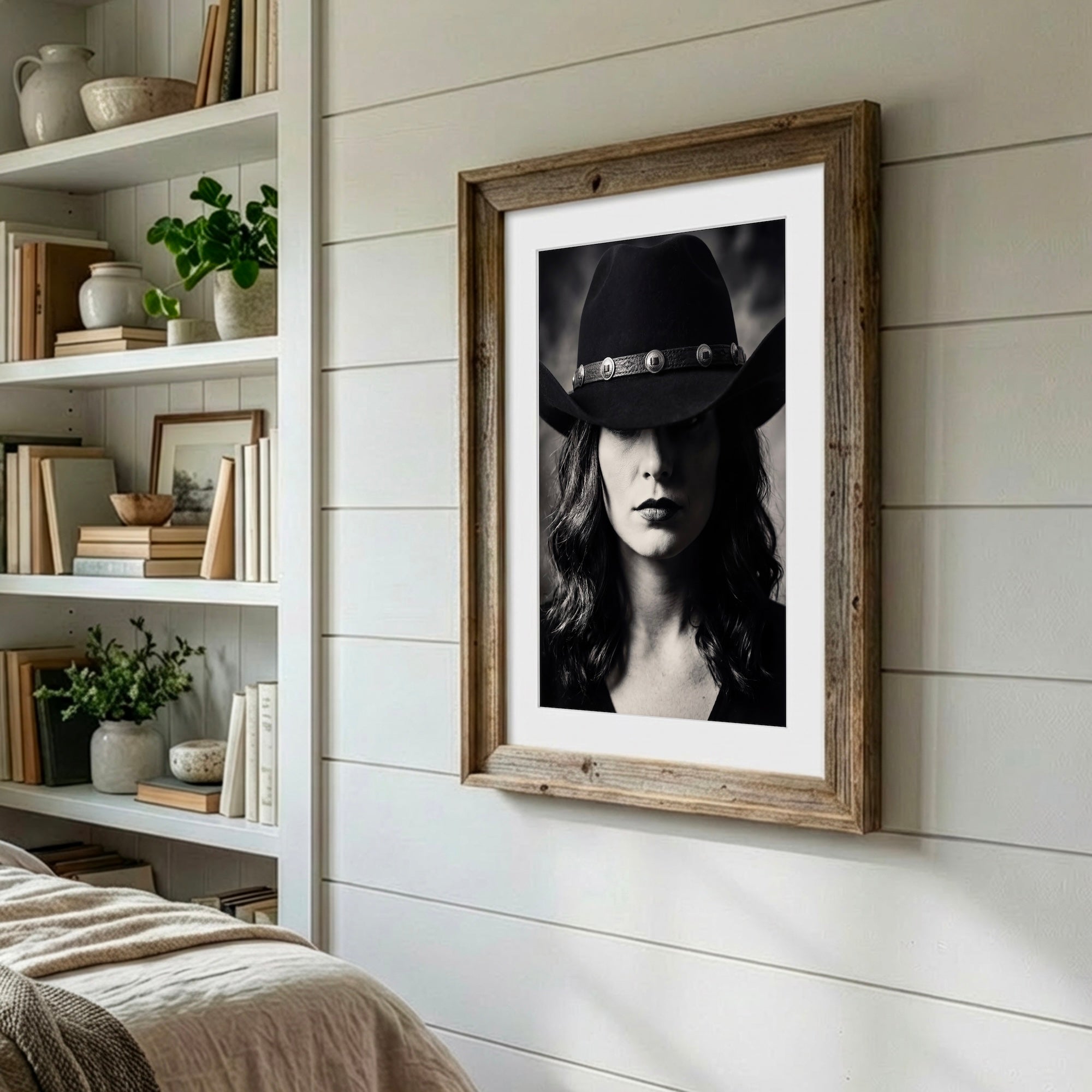 Cowgirl in Cowboy Hat: Western Black & White Photo Style Art Print