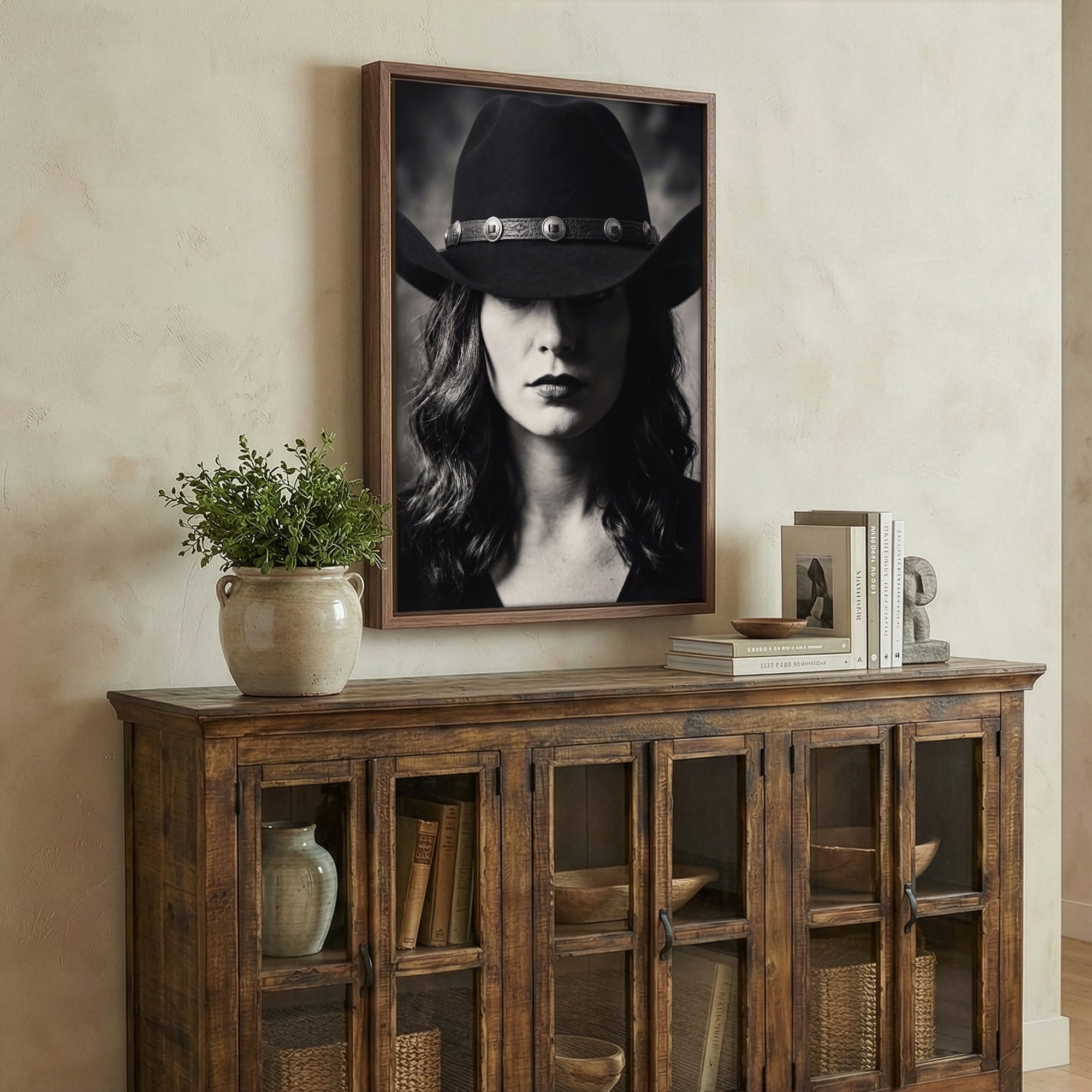 Cowgirl in Cowboy Hat: Western Black & White Photo Style Art Print