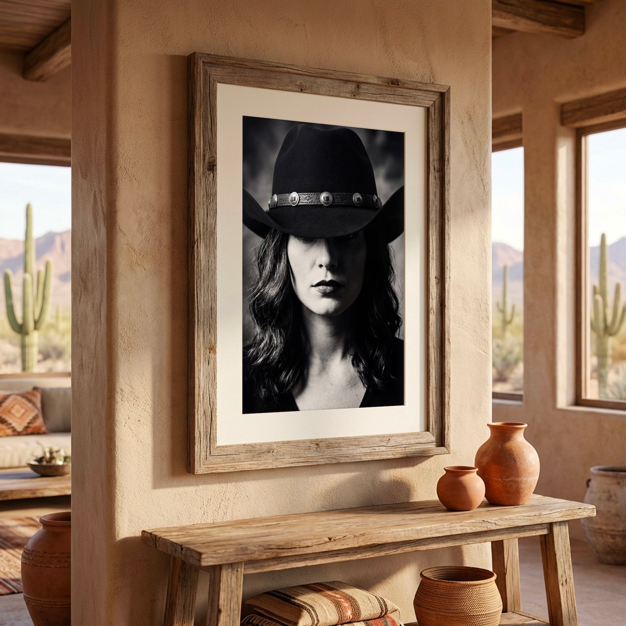 Cowgirl in Cowboy Hat: Western Black & White Photo Style Art Print
