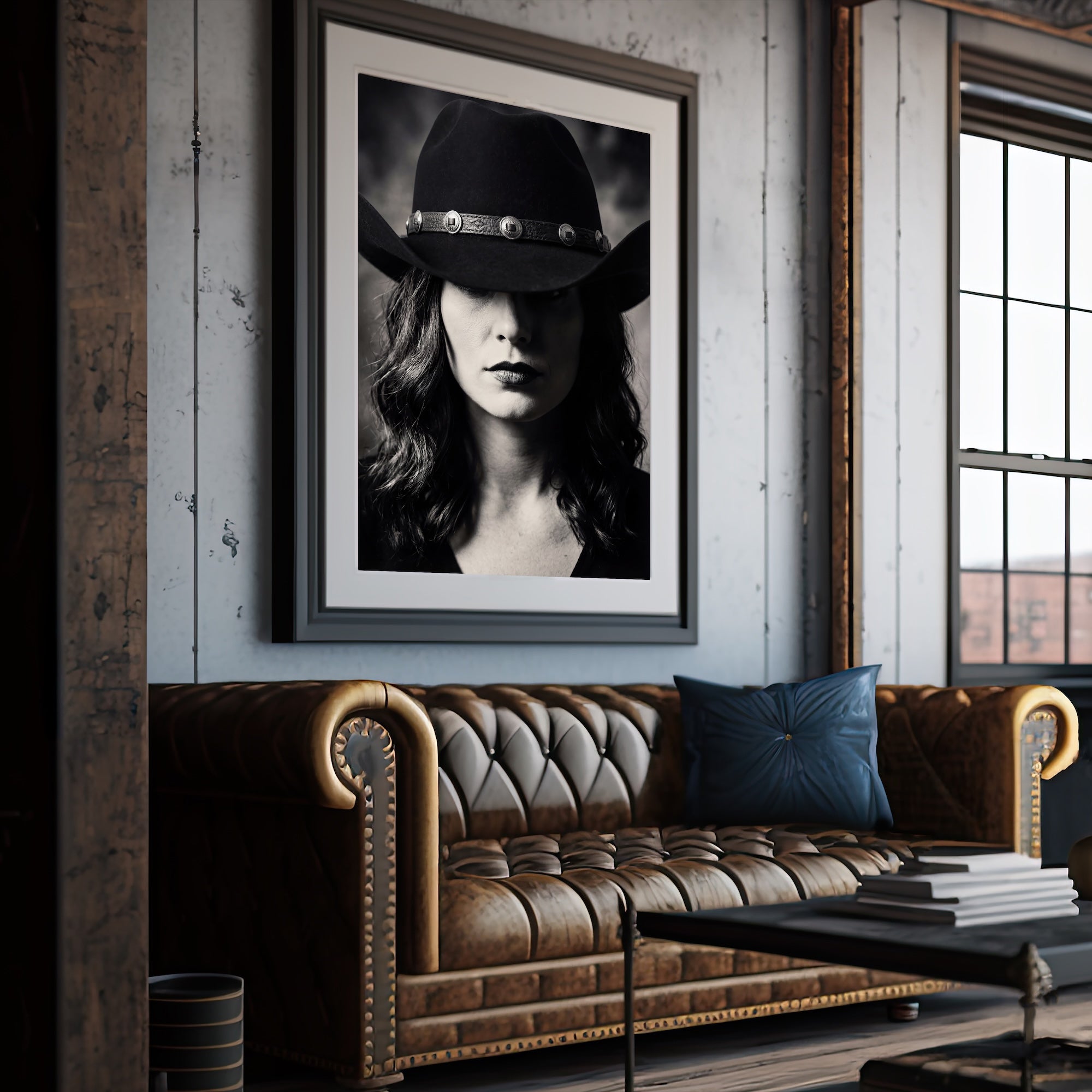 Cowgirl in Cowboy Hat: Western Black & White Photo Style Art Print