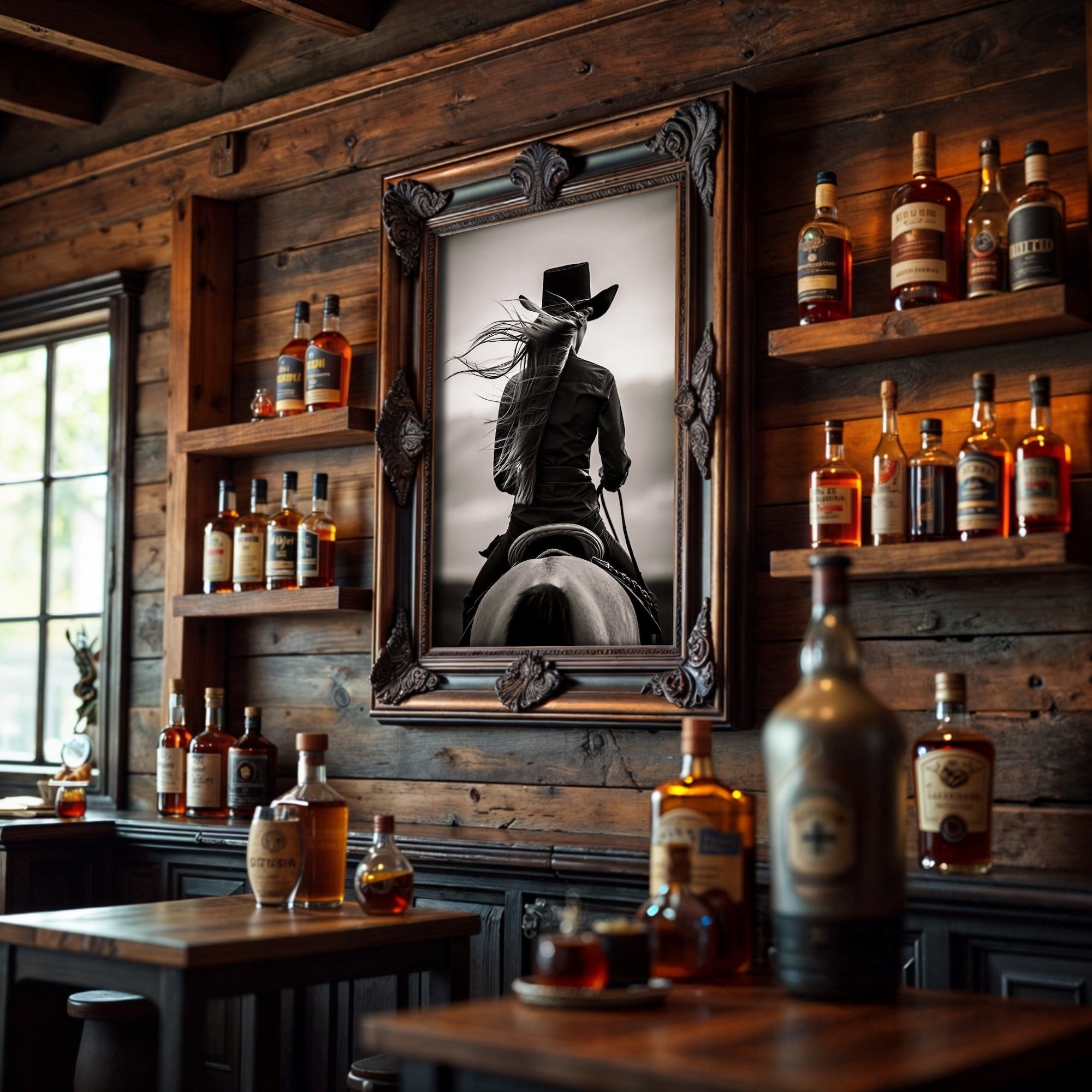 Cowgirl on Horseback: Western Woman Black & White Art Print