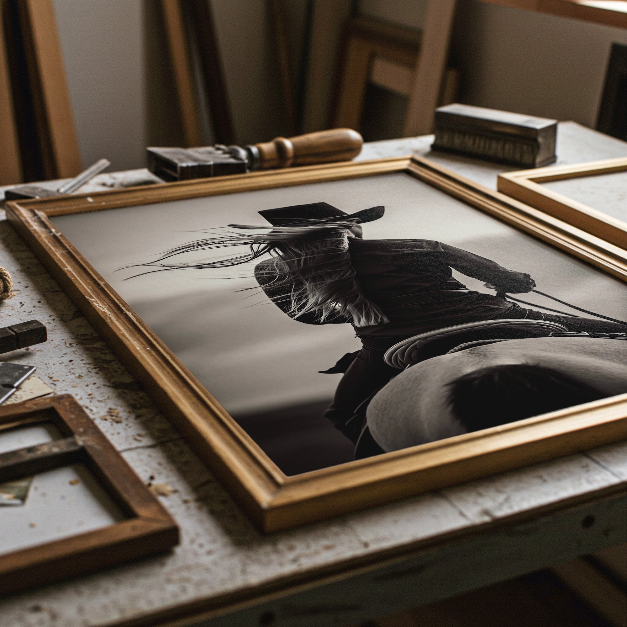 Cowgirl on Horseback: Western Woman Black & White Art Print