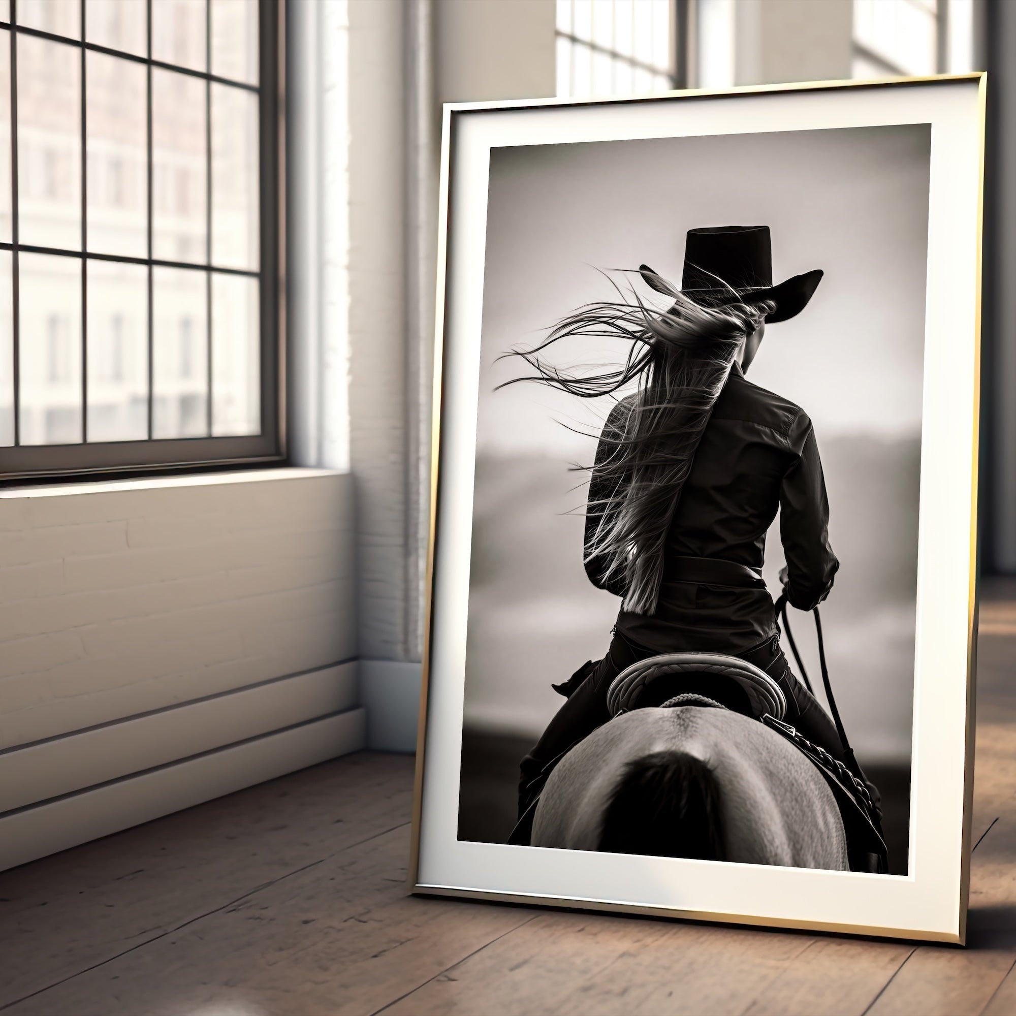 Cowgirl on Horseback: Western Woman Black & White Art Print