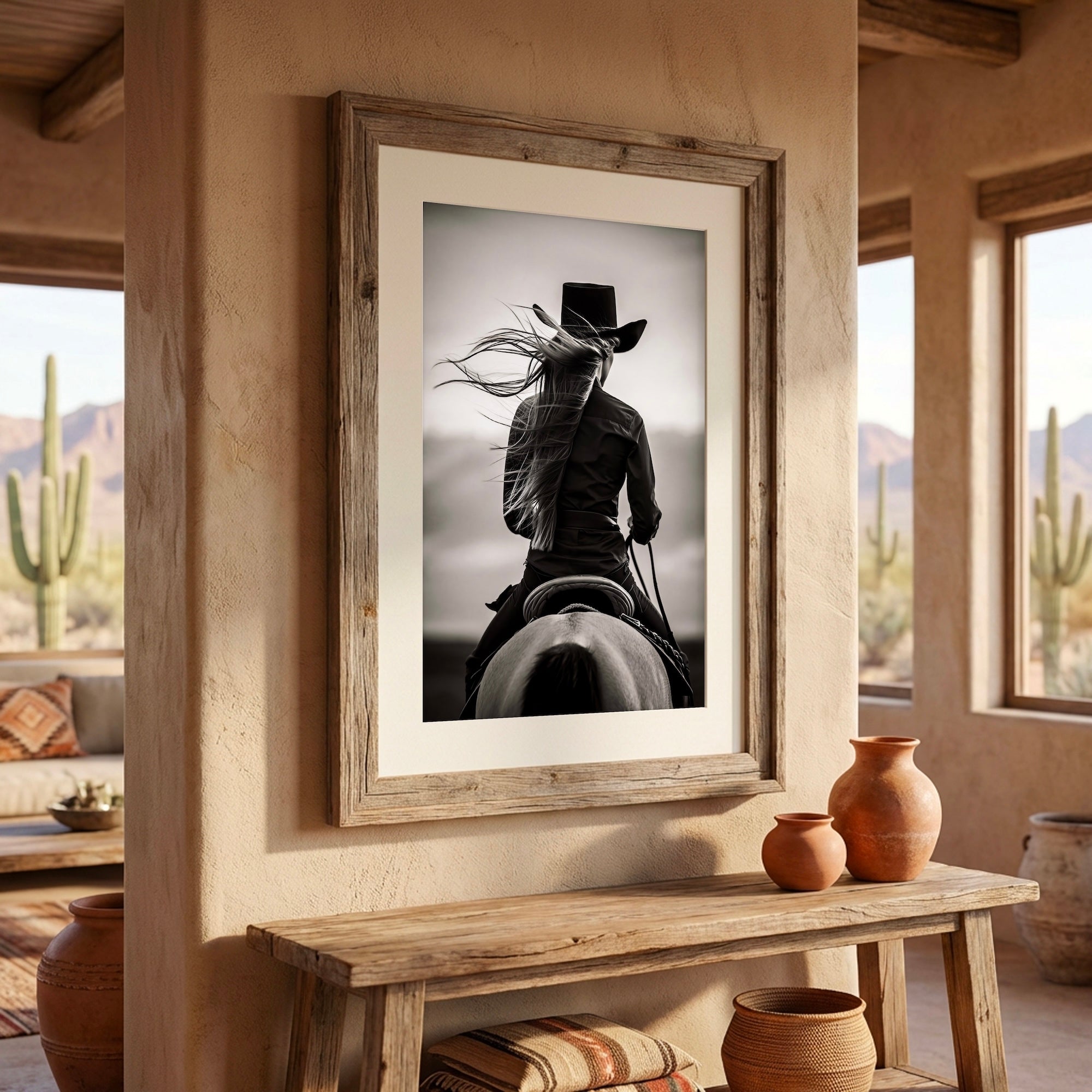Cowgirl on Horseback: Western Woman Black & White Art Print