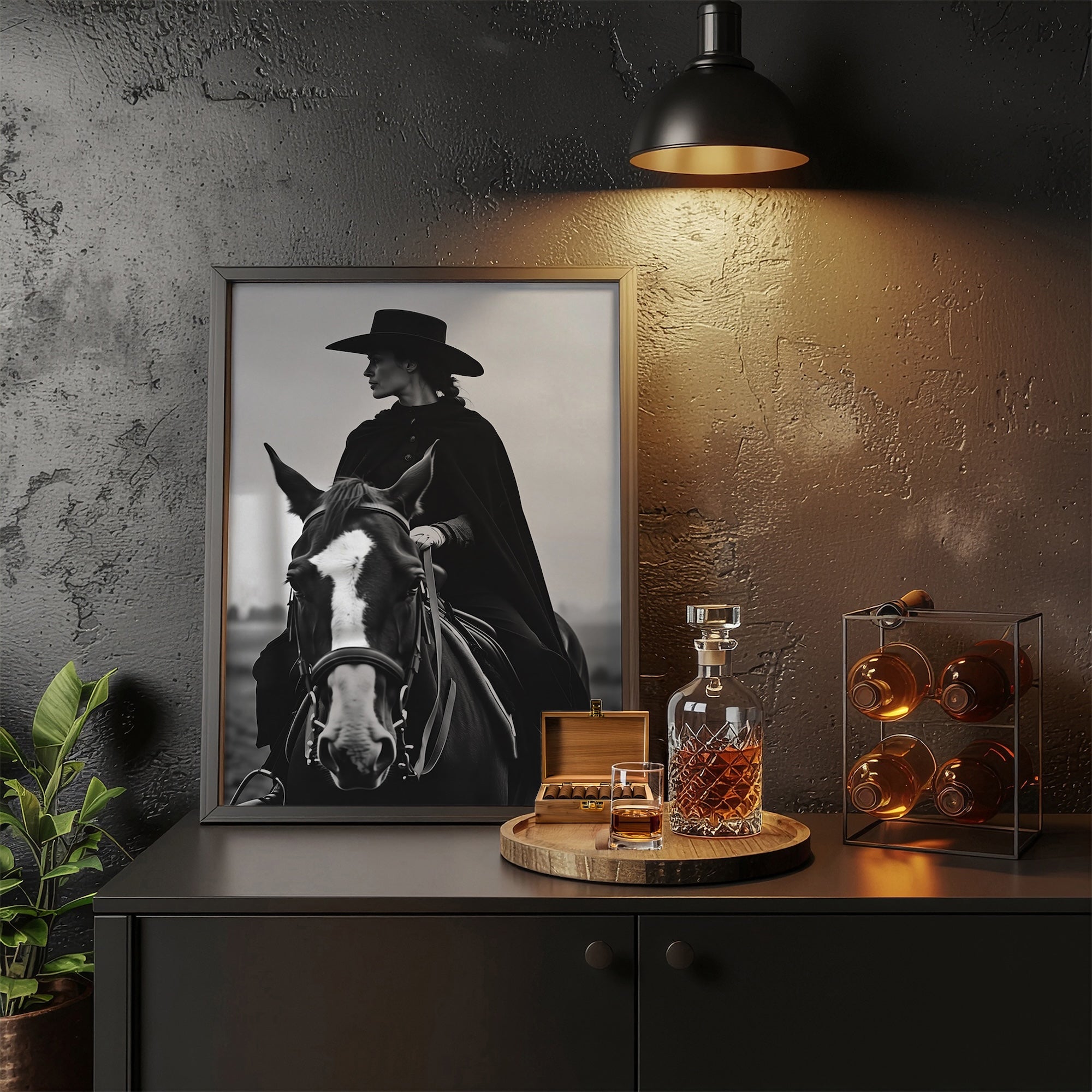 Cowgirl Rider: Western Woman on Horseback - Black & White Photo Style Art Print