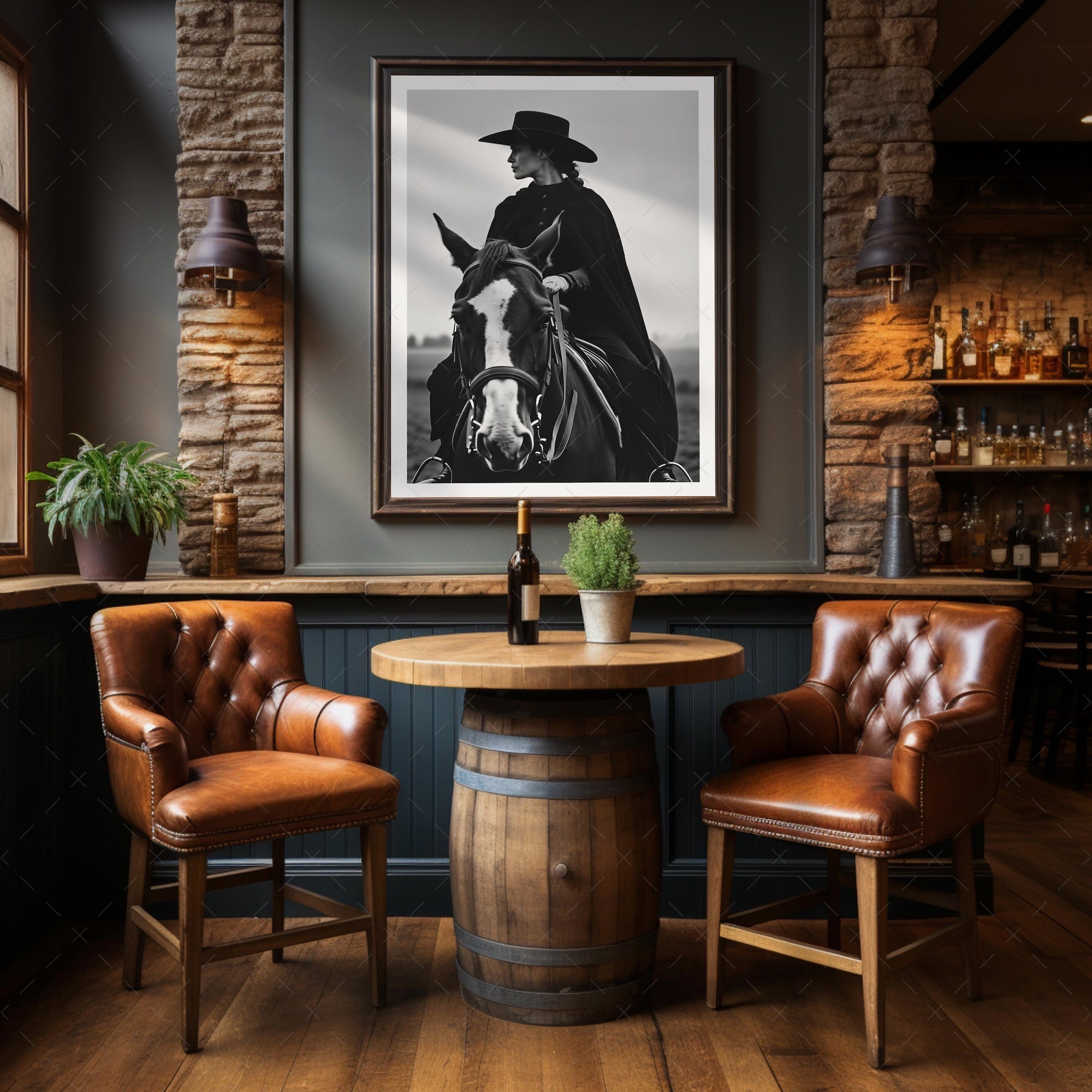 Cowgirl Rider: Western Woman on Horseback - Black & White Photo Style Art Print