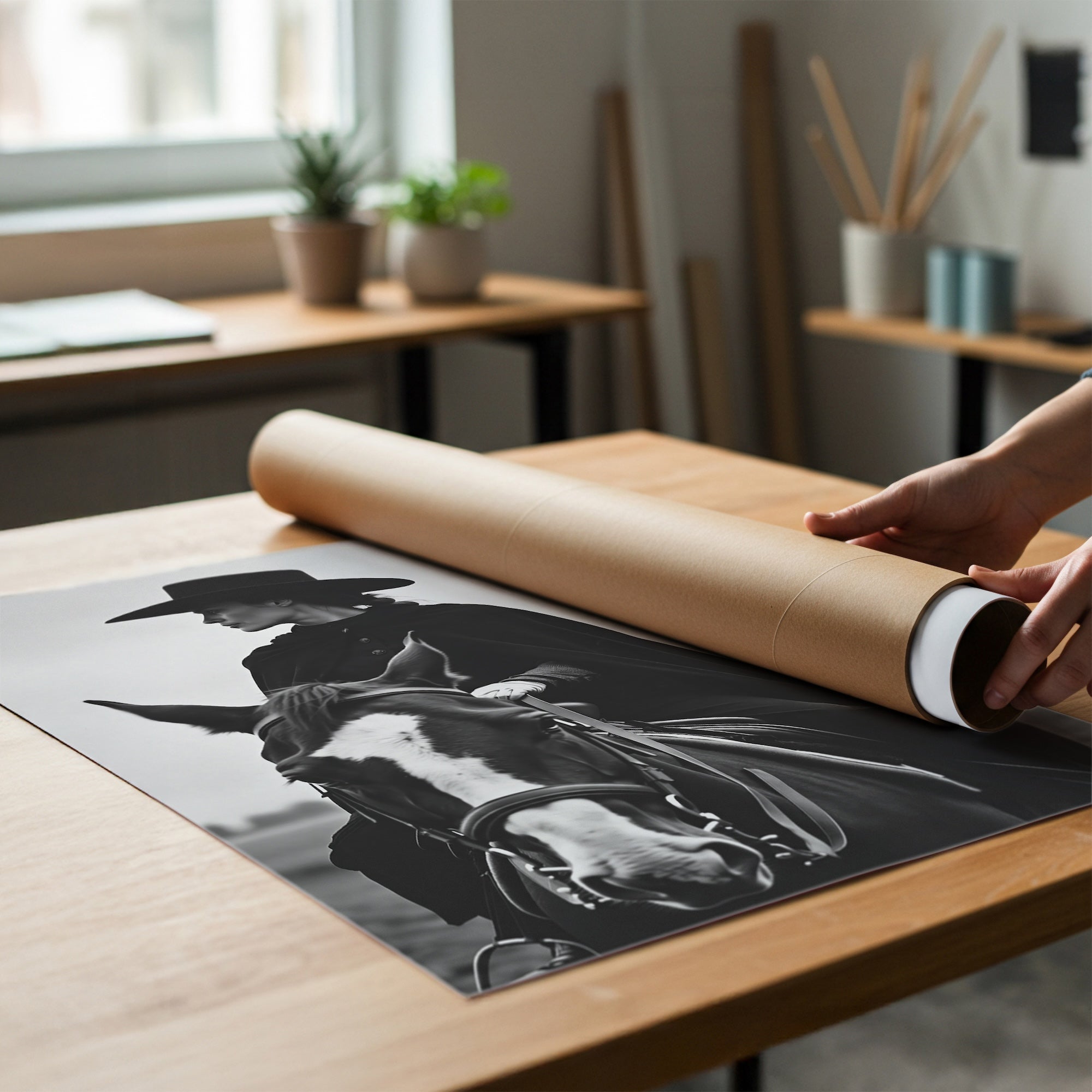 Cowgirl Rider: Western Woman on Horseback - Black & White Photo Style Art Print