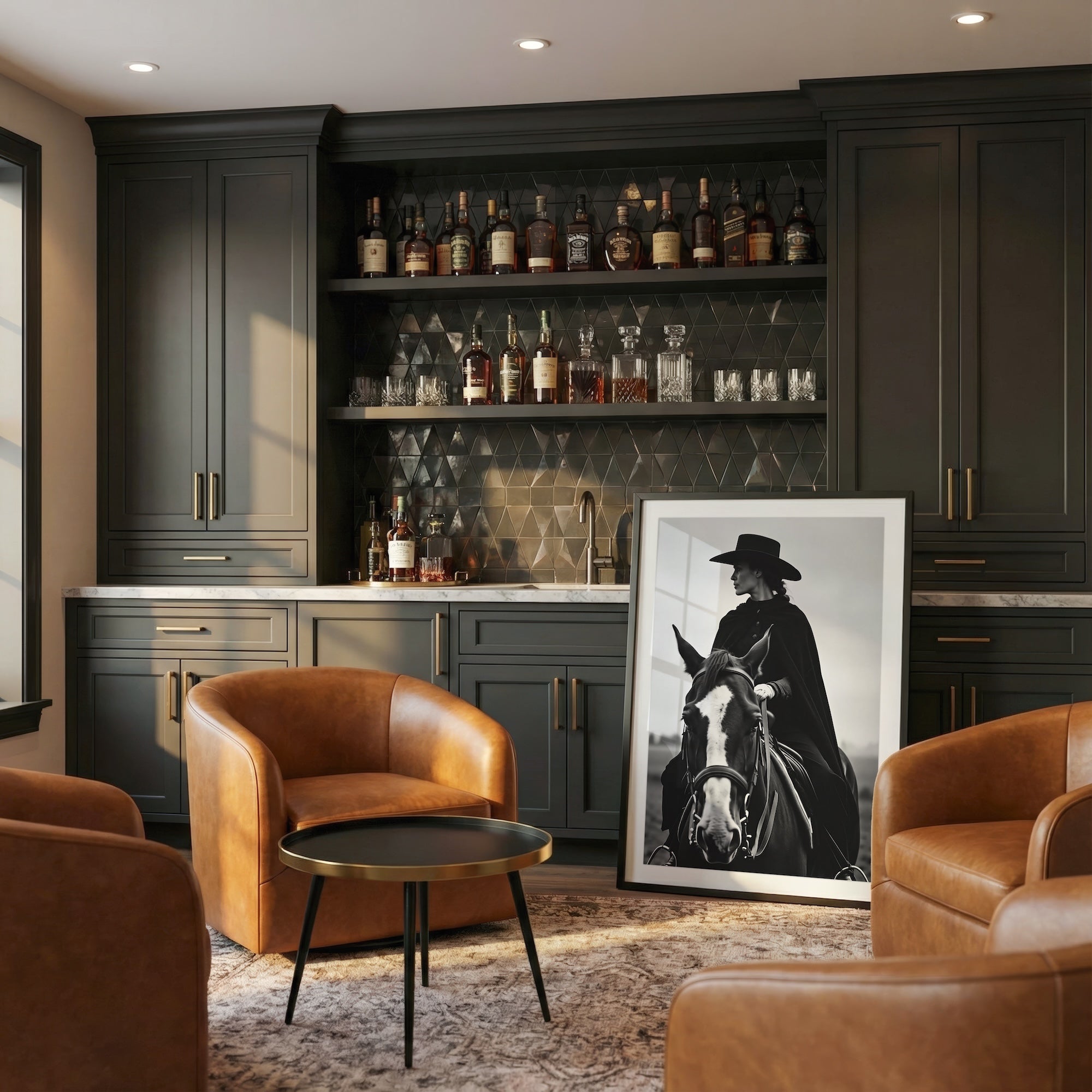 Cowgirl Rider: Western Woman on Horseback - Black & White Photo Style Art Print