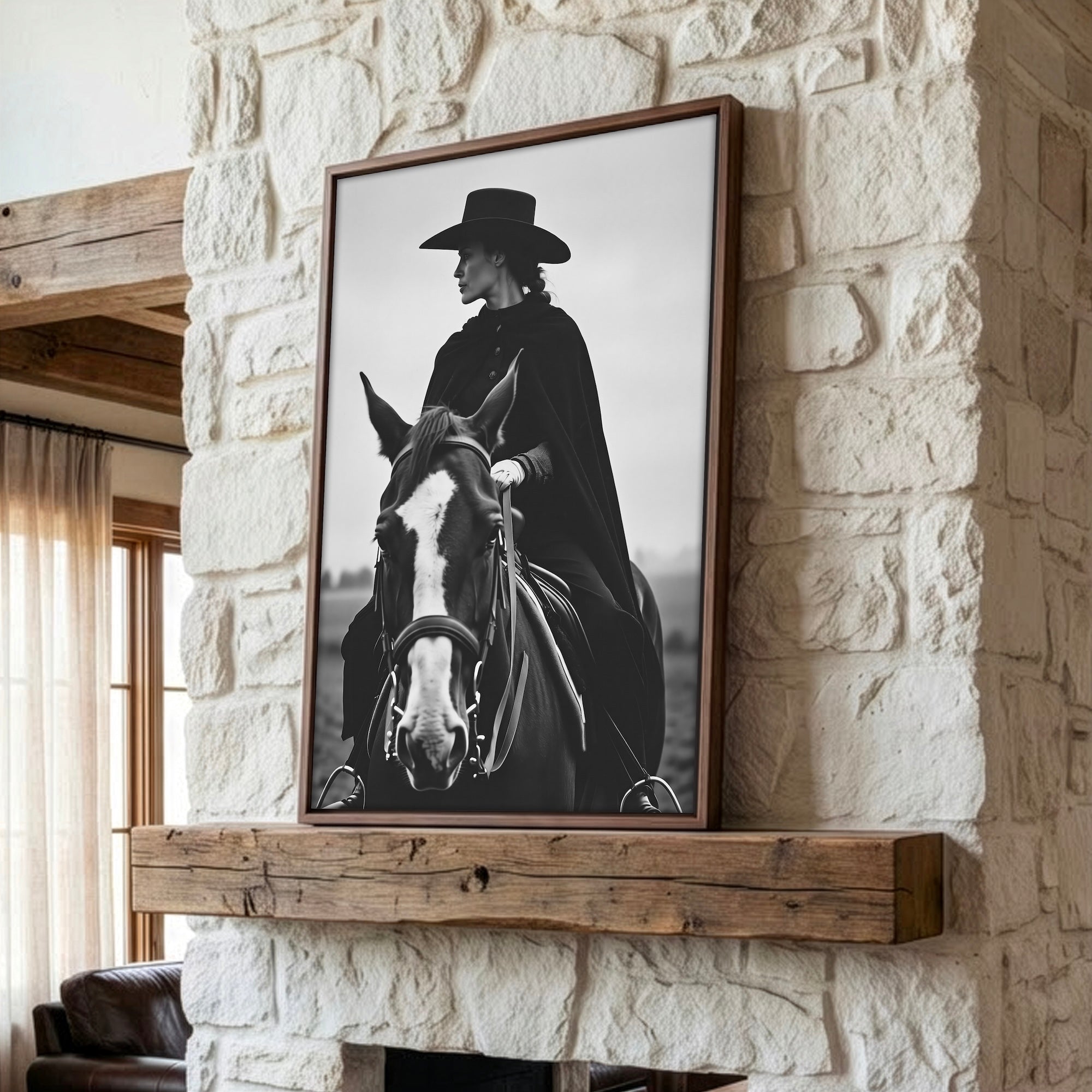 Cowgirl Rider: Western Woman on Horseback - Black & White Photo Style Art Print