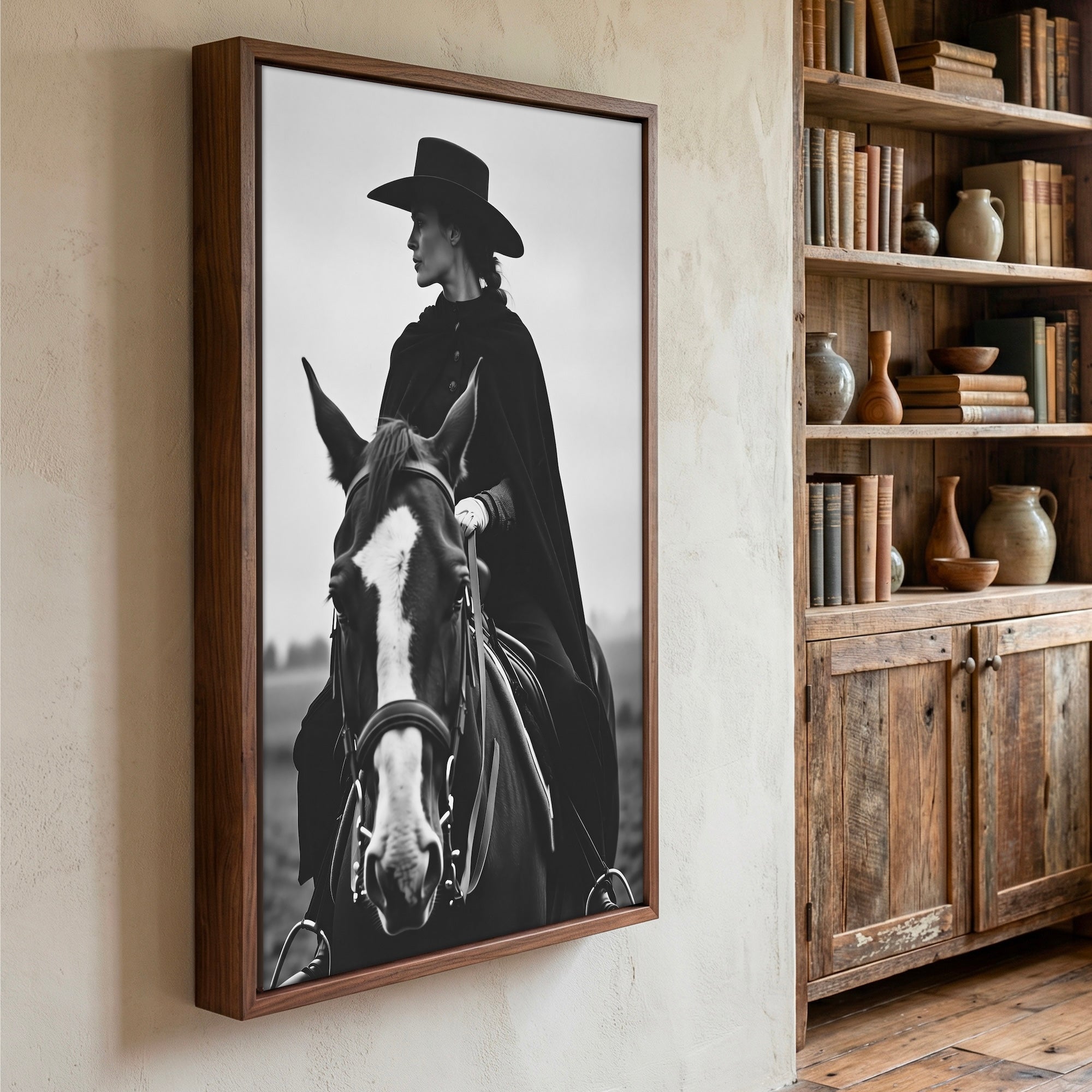 Cowgirl Rider: Western Woman on Horseback - Black & White Photo Style Art Print