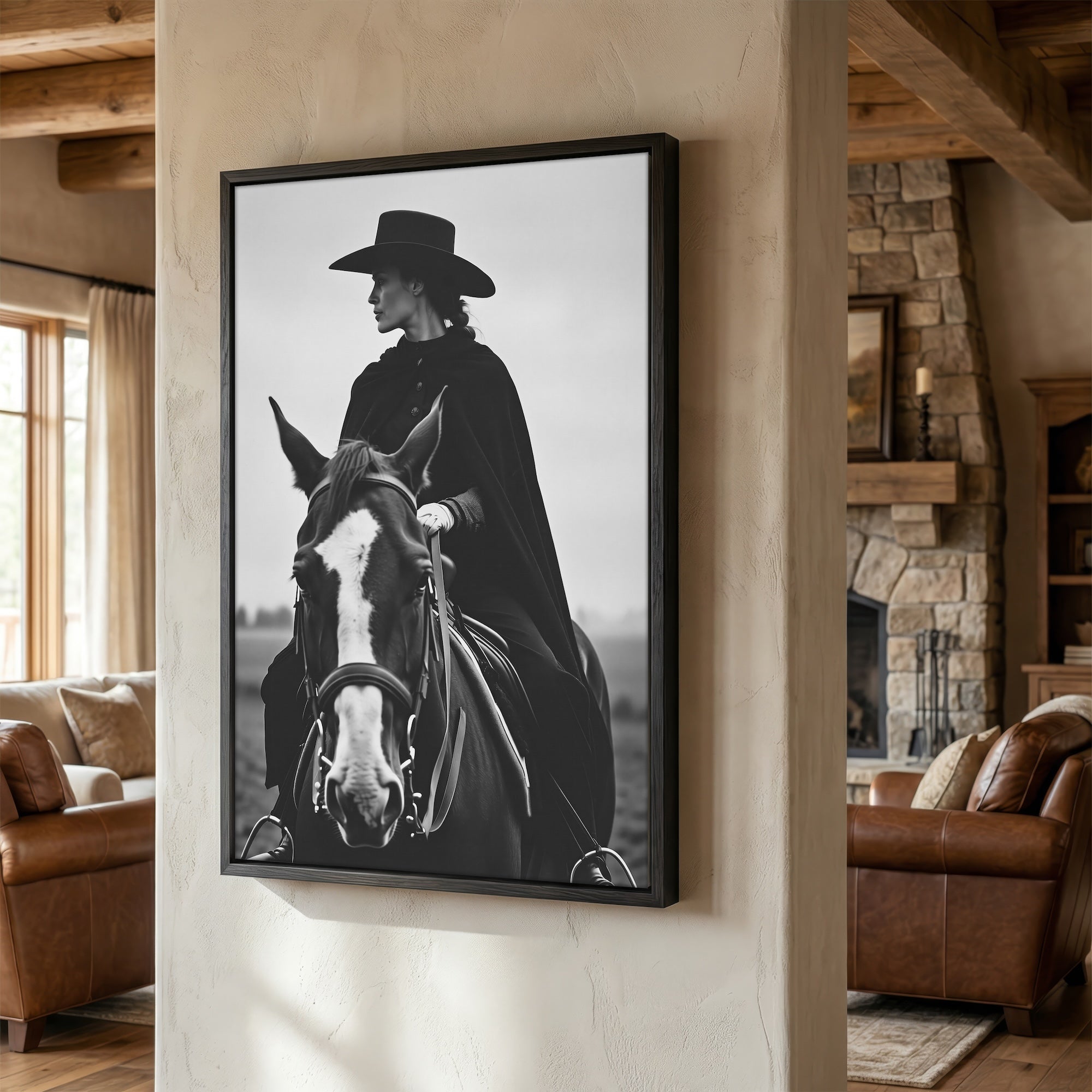Cowgirl Rider: Western Woman on Horseback - Black & White Photo Style Art Print