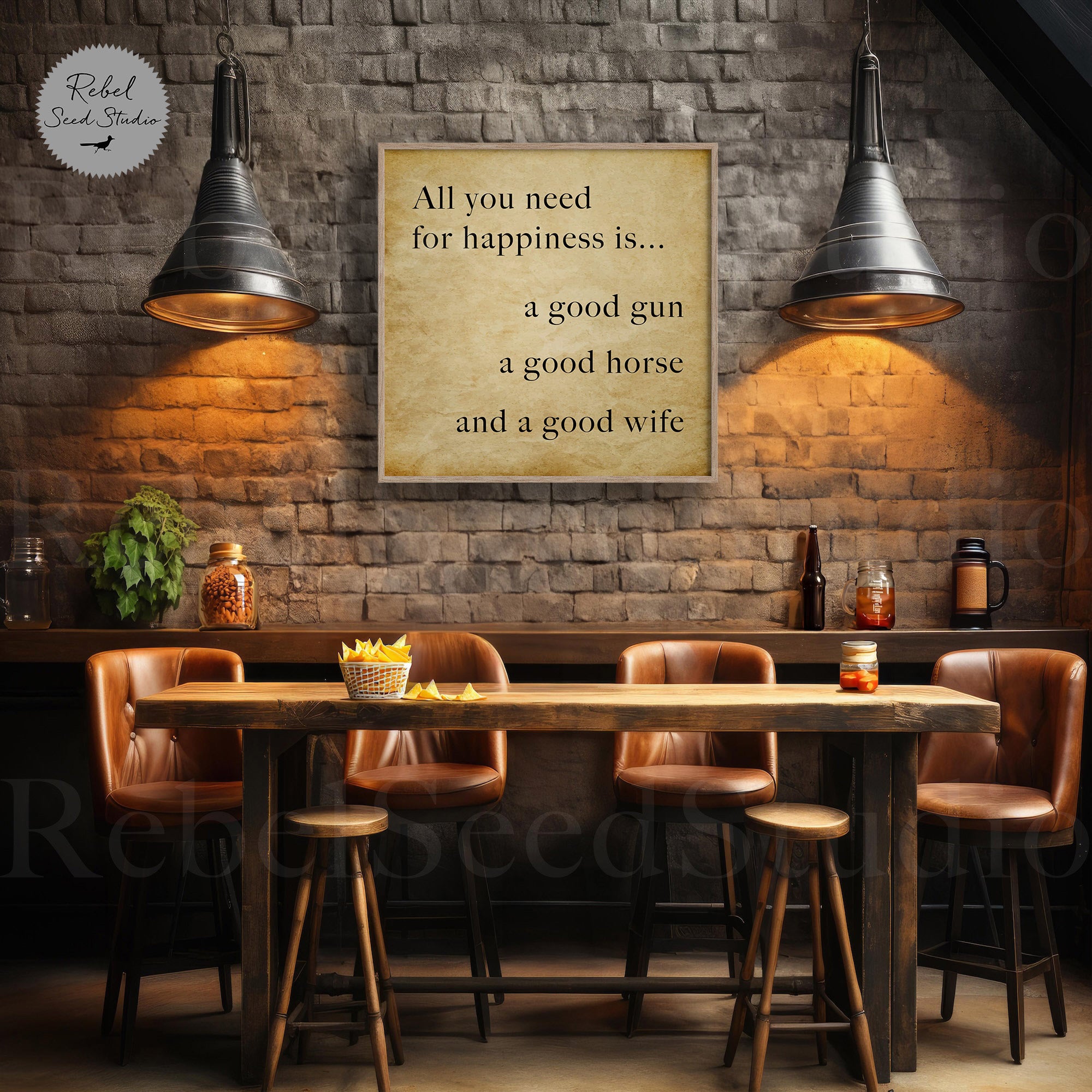 Daniel Boone Quote: All You Need For Happiness Is a Good Gun, a Good Horse & A Good Wife - Wall Art (Metal Print, Archival Print or Poster Print)