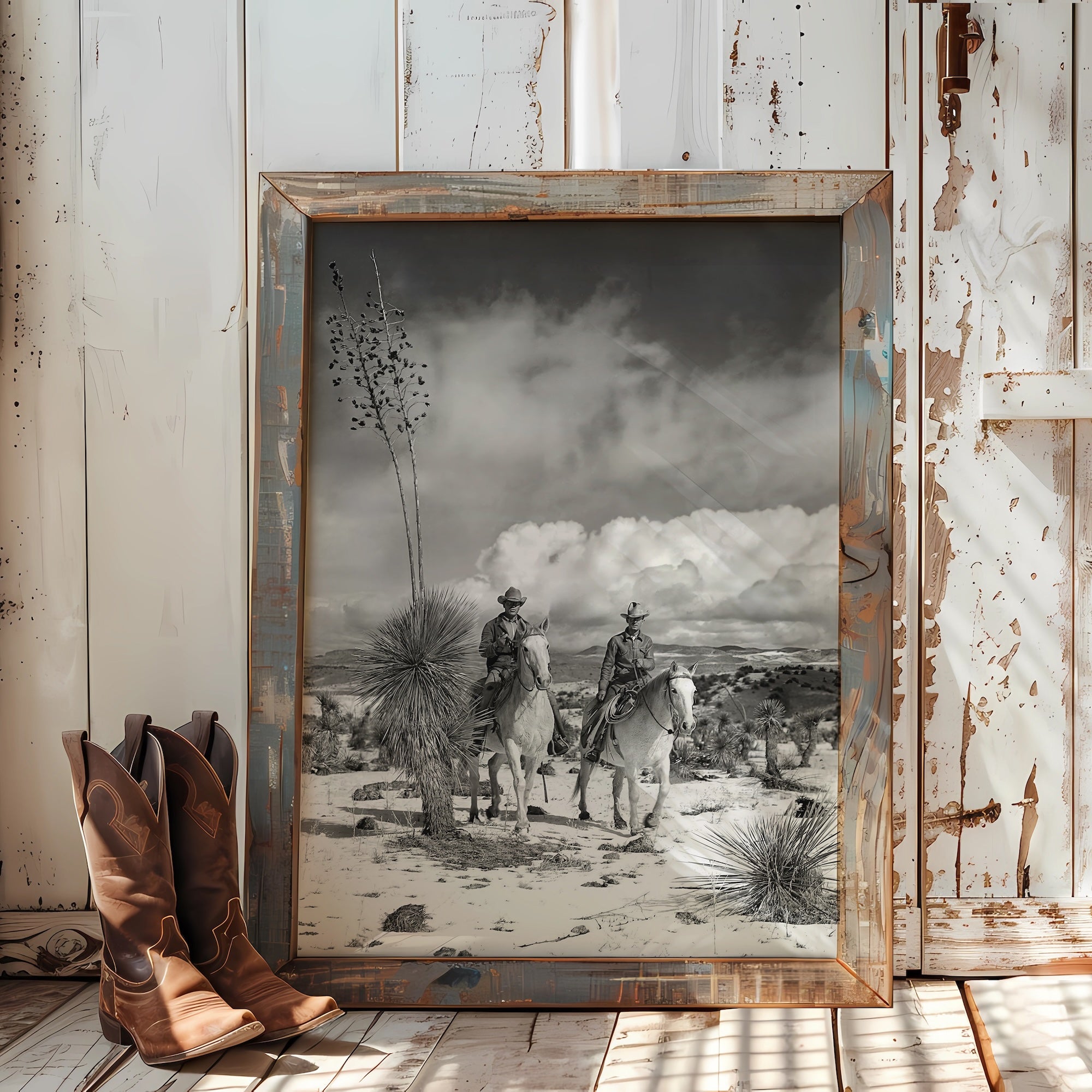 Desert Cowboys on Horseback: Vintage Western Black & White Photograph (Art Print)