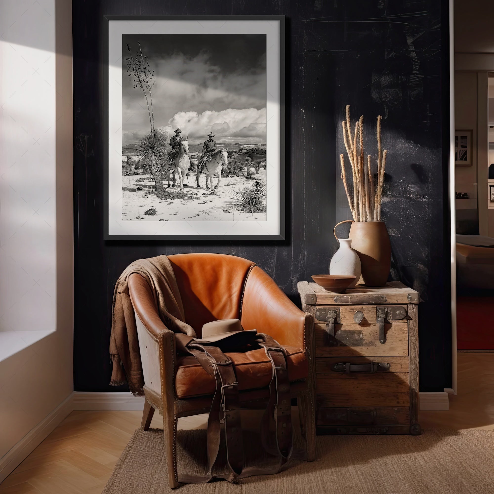 Desert Cowboys on Horseback: Vintage Western Black & White Photograph (Art Print)