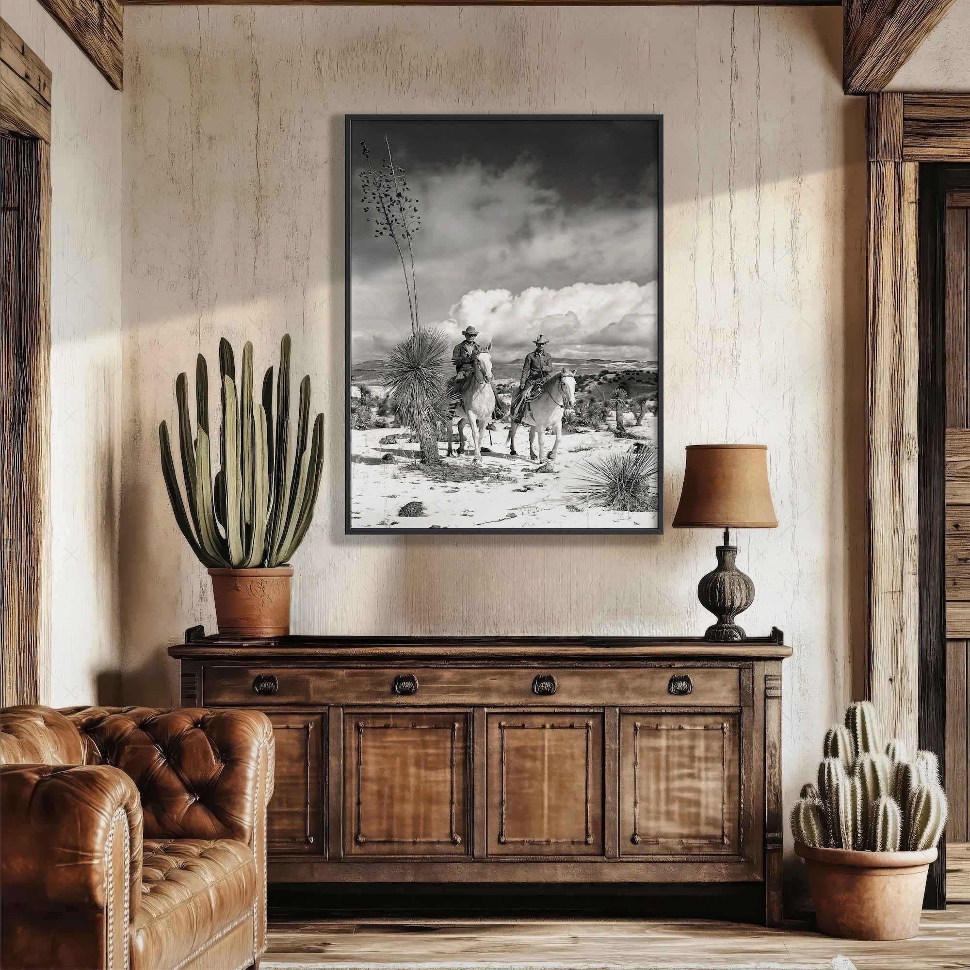 Desert Cowboys on Horseback: Vintage Western Black & White Photograph (Art Print)