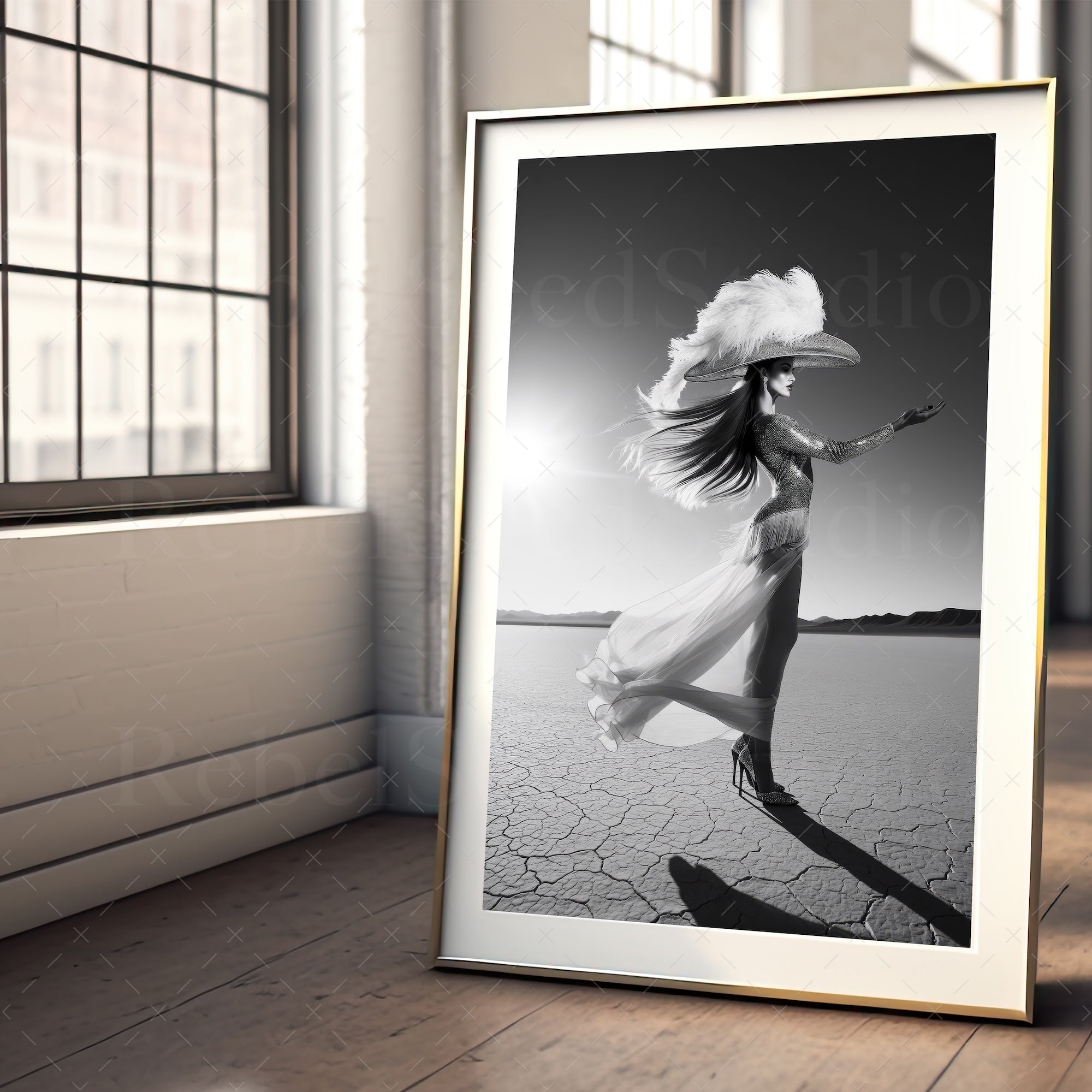 Las Vegas Showgirl: Elegant Black & White Desert Photograph (Art Print)