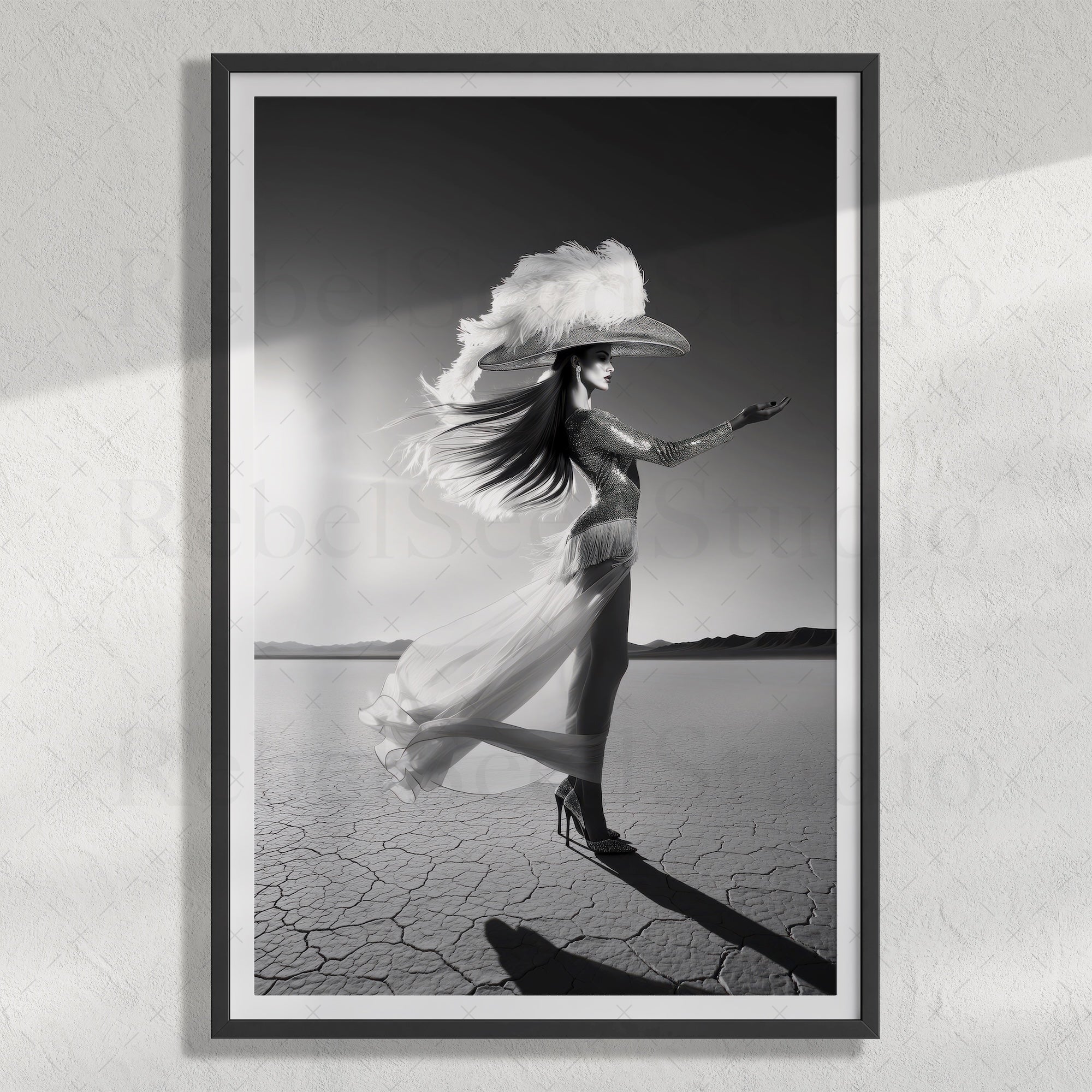 Las Vegas Showgirl: Elegant Black & White Desert Photograph (Art Print)