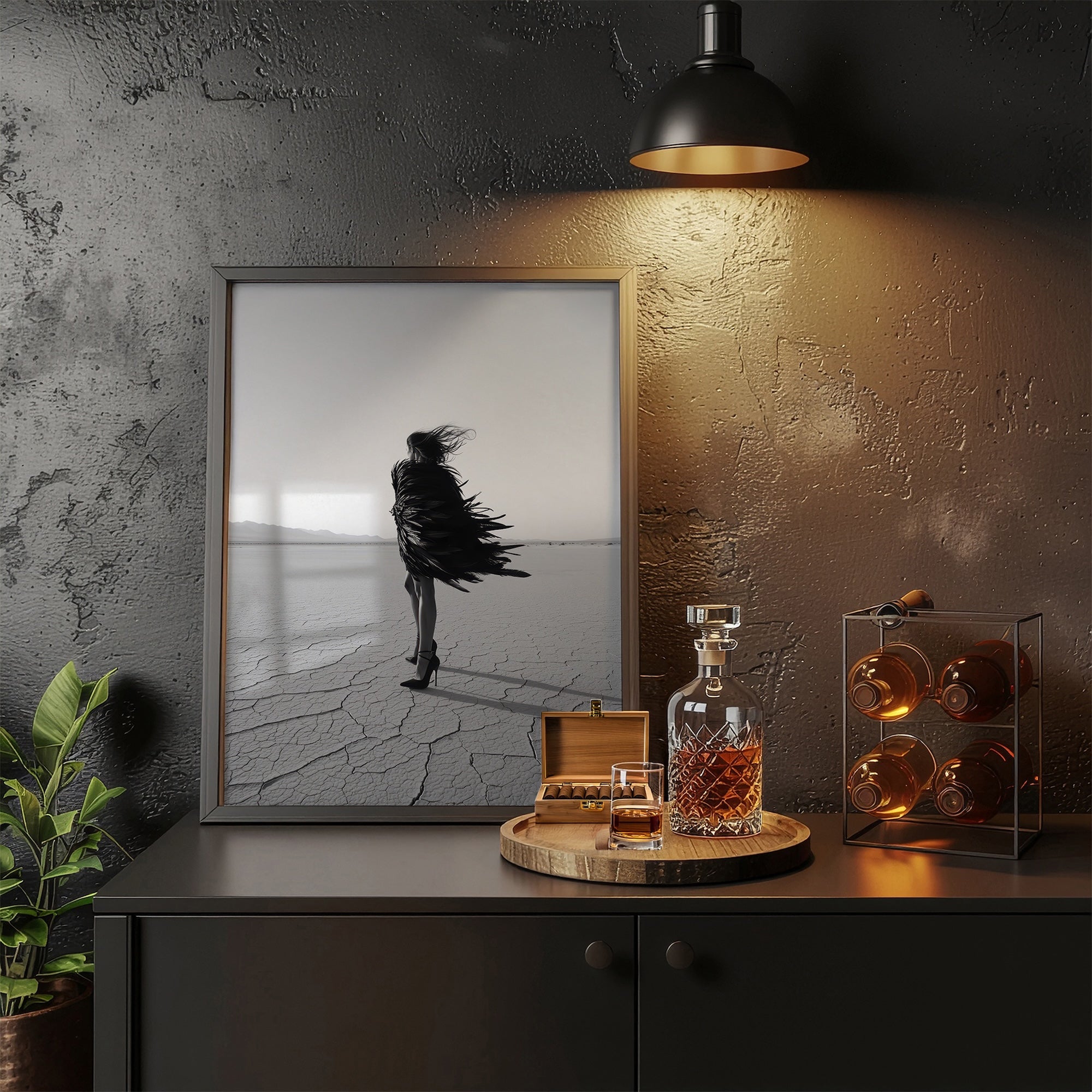 Las Vegas Showgirl: Feather Costume - Black & White Desert Photograph (Art Print)