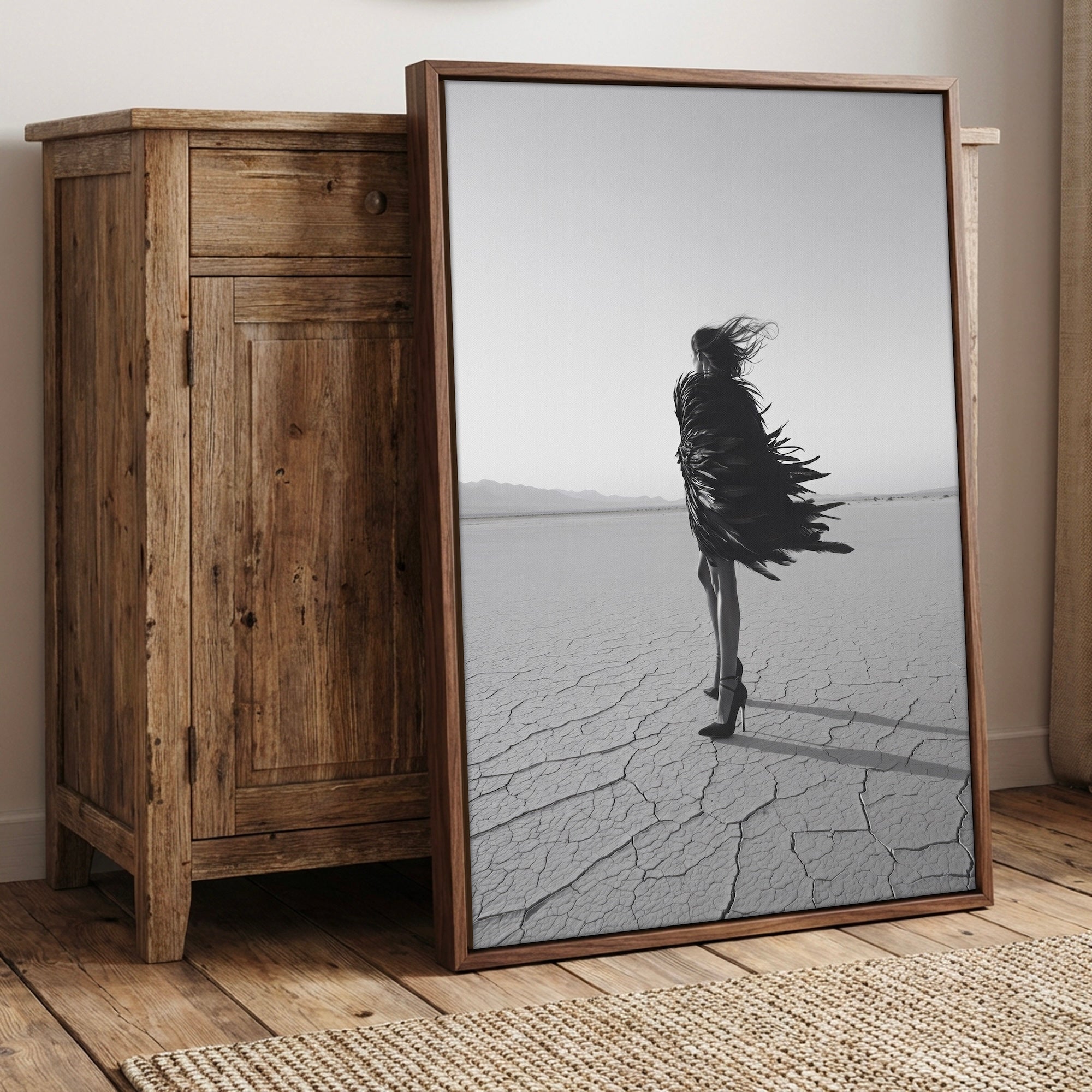 Las Vegas Showgirl: Feather Costume - Black & White Desert Art Print