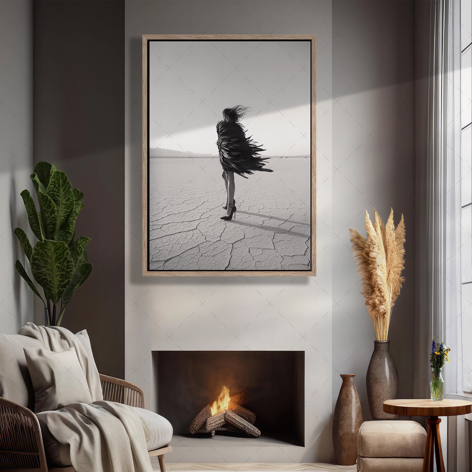 Las Vegas Showgirl: Feather Costume - Black & White Desert Photograph (Art Print)