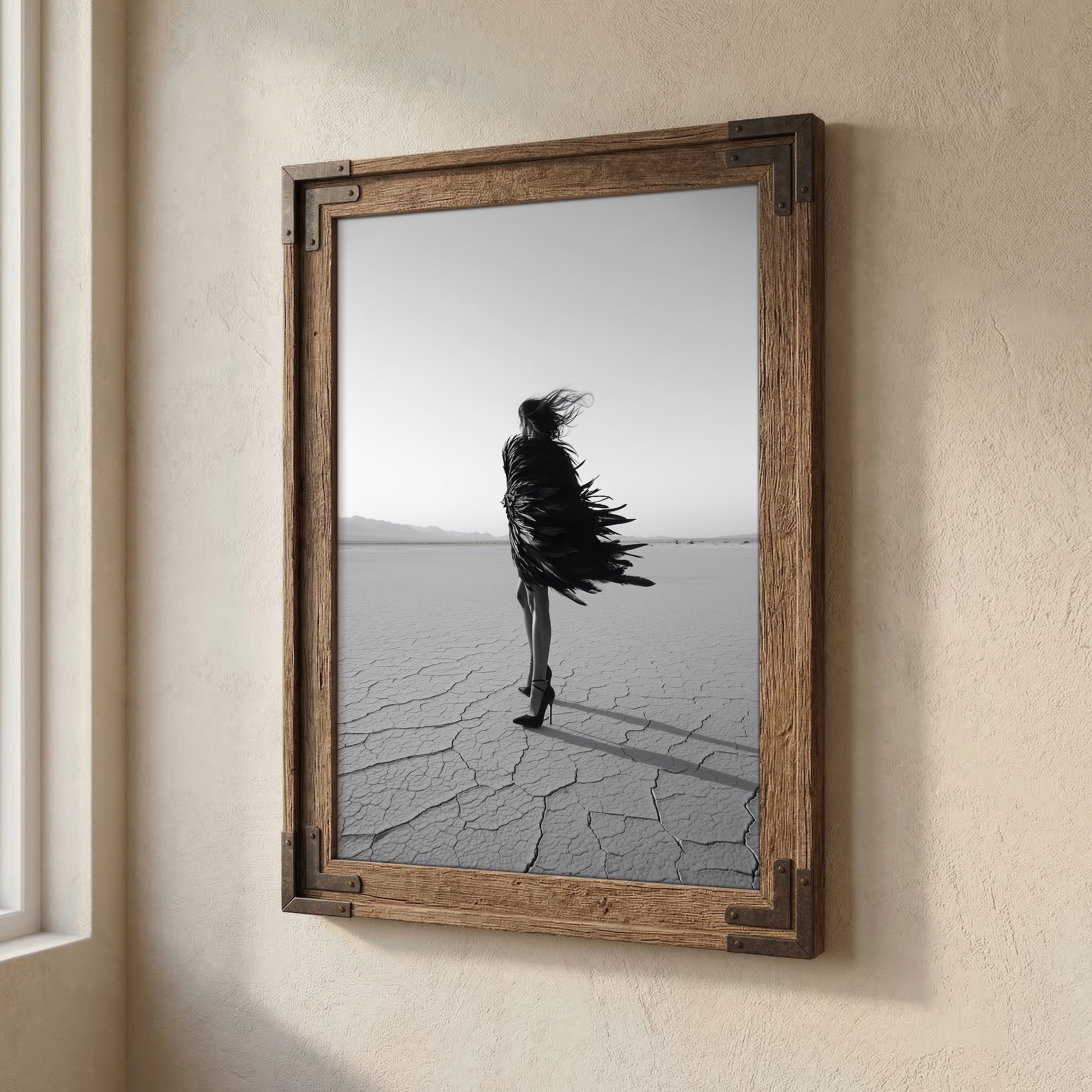 Las Vegas Showgirl: Feather Costume - Black & White Desert Art Print