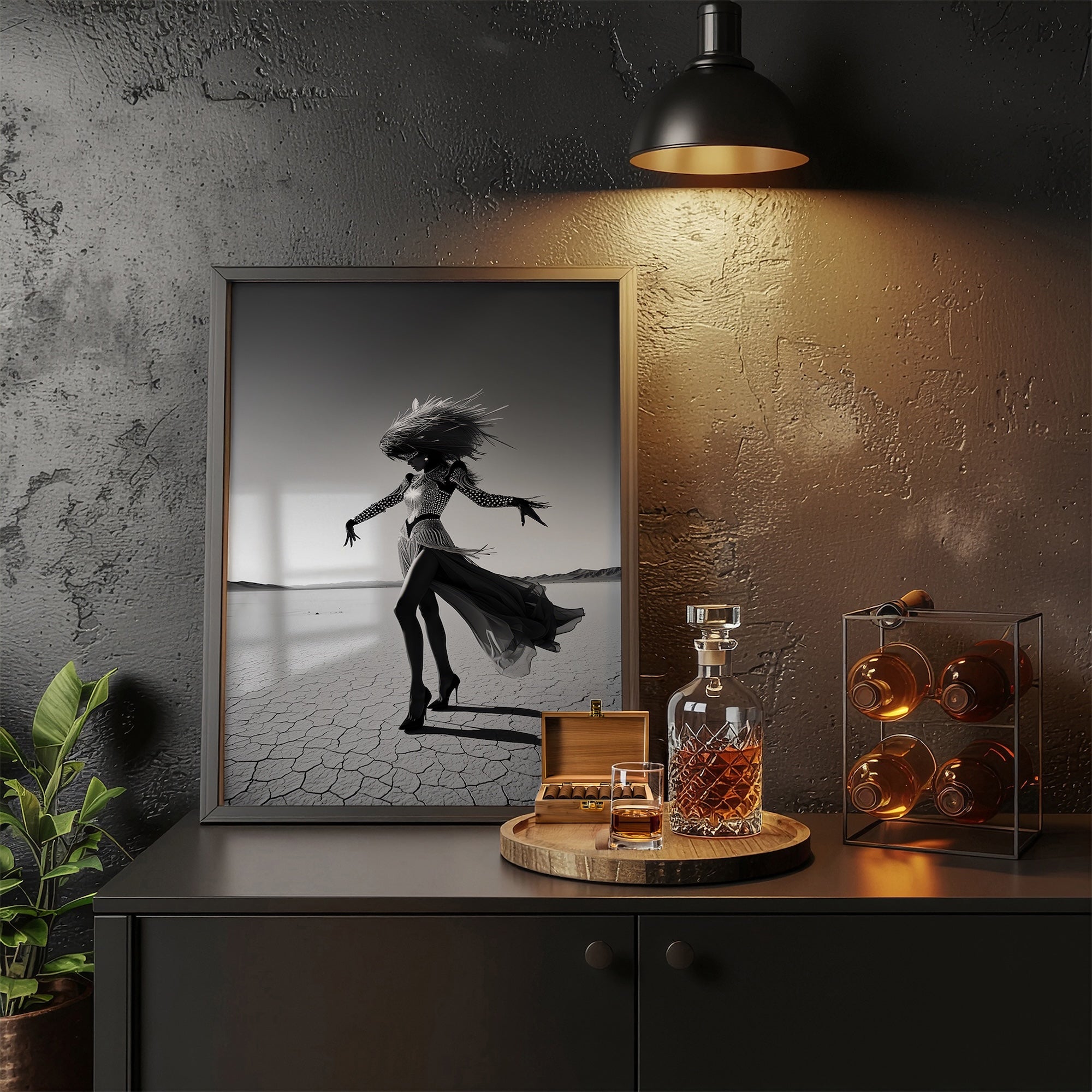 Las Vegas Showgirl: Glamorous Black & White Desert Photograph (Art Print)