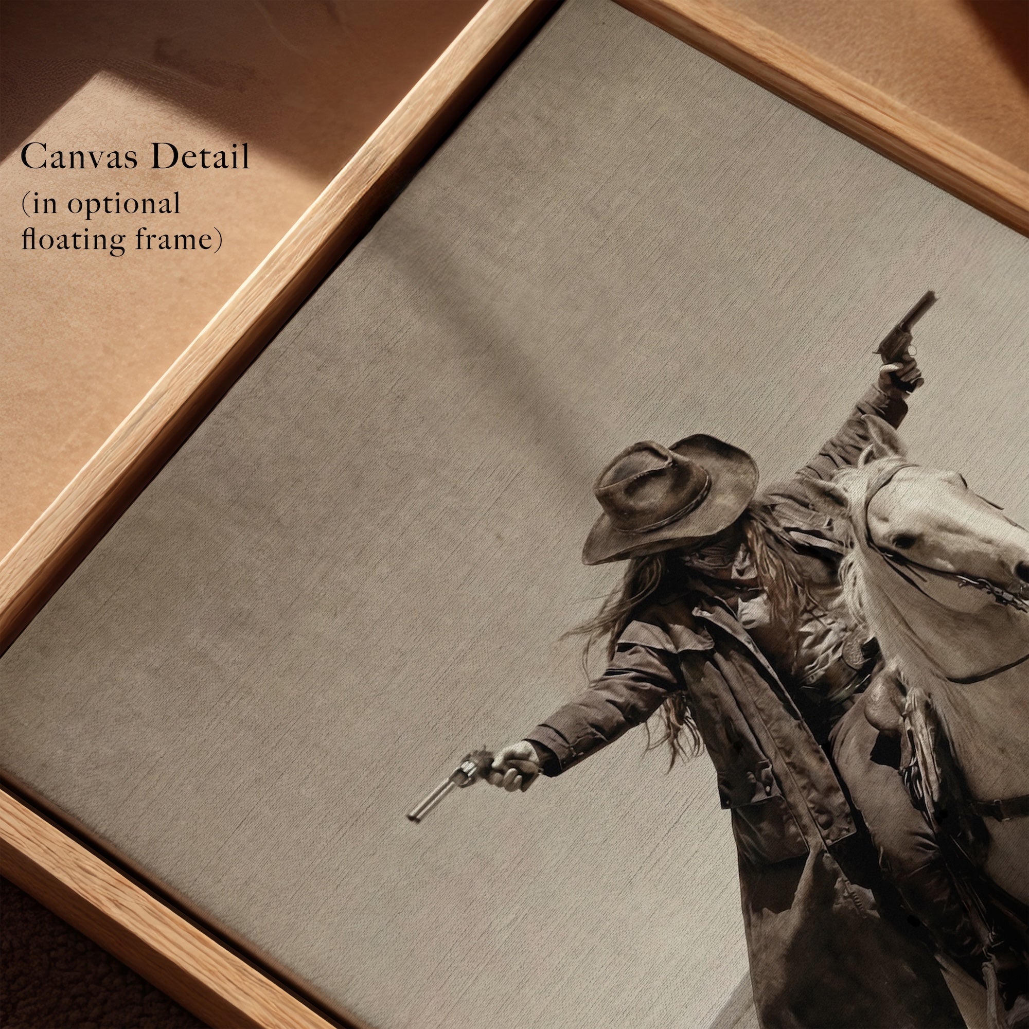 Double Shot: Outlaw Cowgirl Gunslinger on Horseback - Vintage Western Sepia Art Print