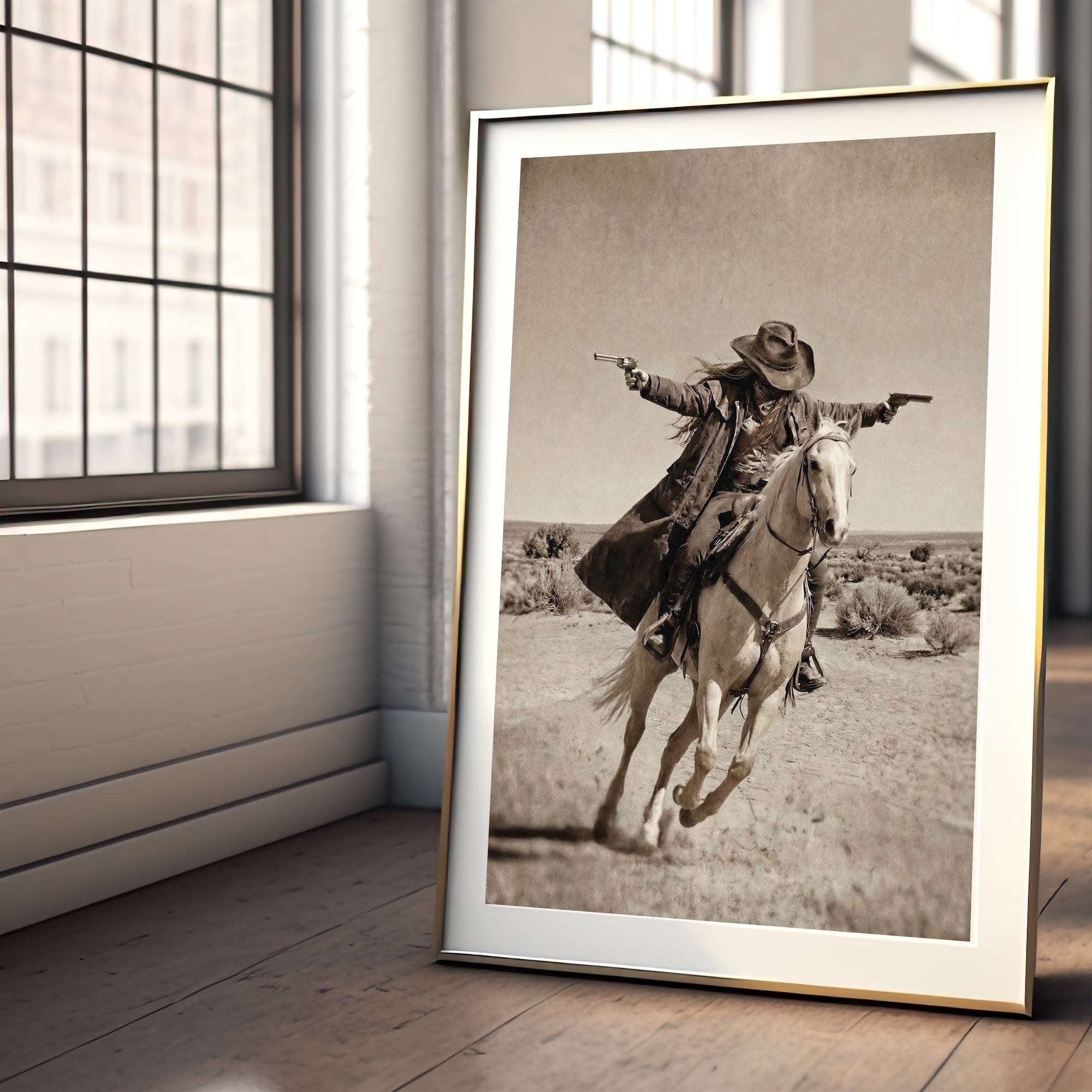 Double Shot: Outlaw Cowgirl Gunslinger on Horseback - Vintage Western Sepia Art Print