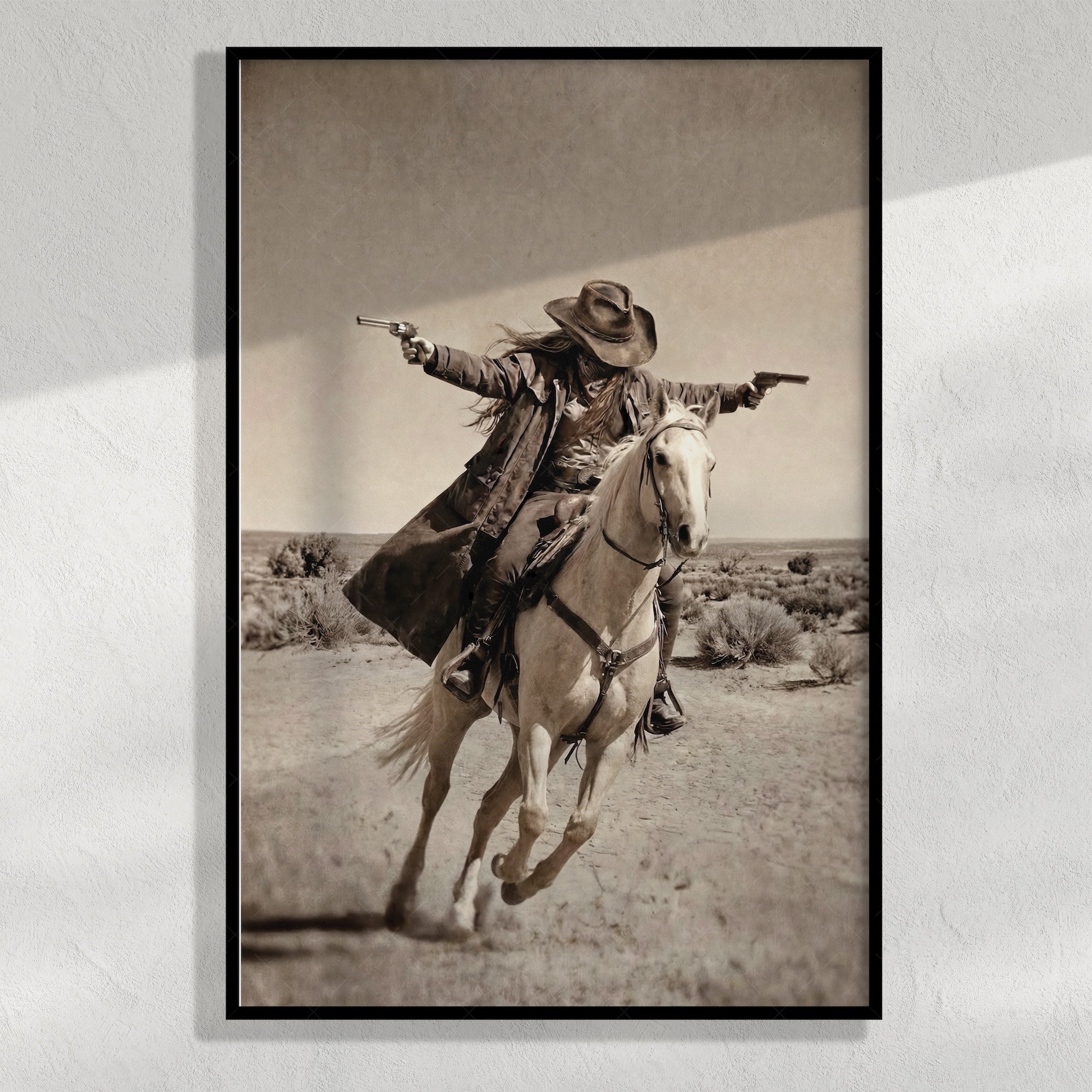 Double Shot: Outlaw Cowgirl Gunslinger on Horseback - Vintage Western Sepia Art Print