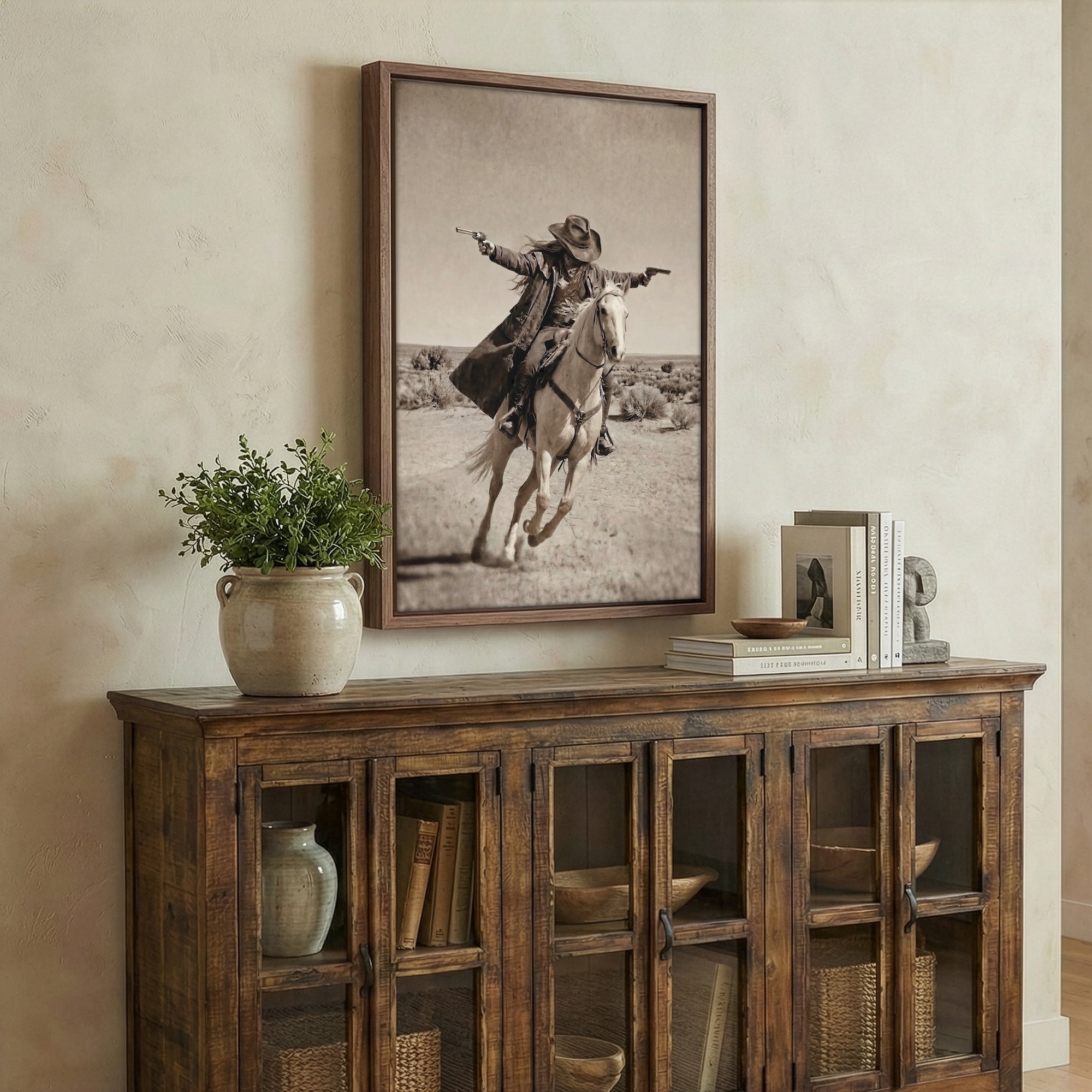 Double Shot: Outlaw Cowgirl Gunslinger on Horseback - Vintage Western Sepia Art Print