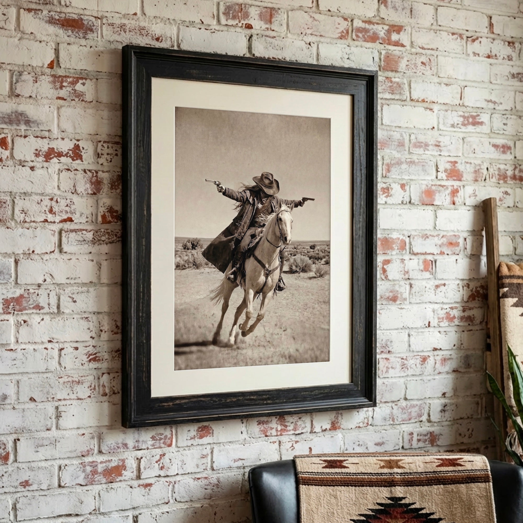 Double Shot: Outlaw Cowgirl Gunslinger on Horseback - Vintage Western Sepia Art Print
