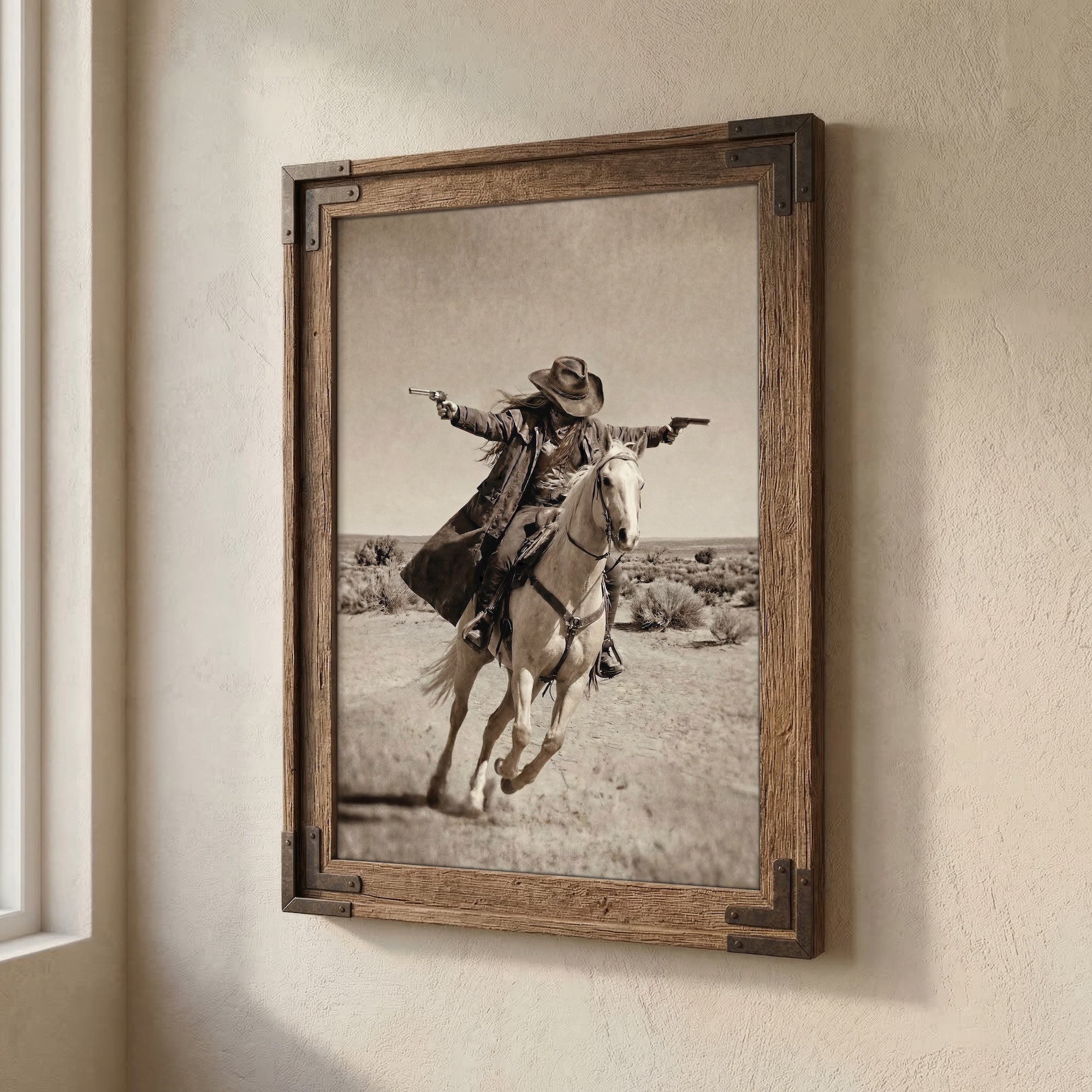 Double Shot: Outlaw Cowgirl Gunslinger on Horseback - Vintage Western Sepia Art Print