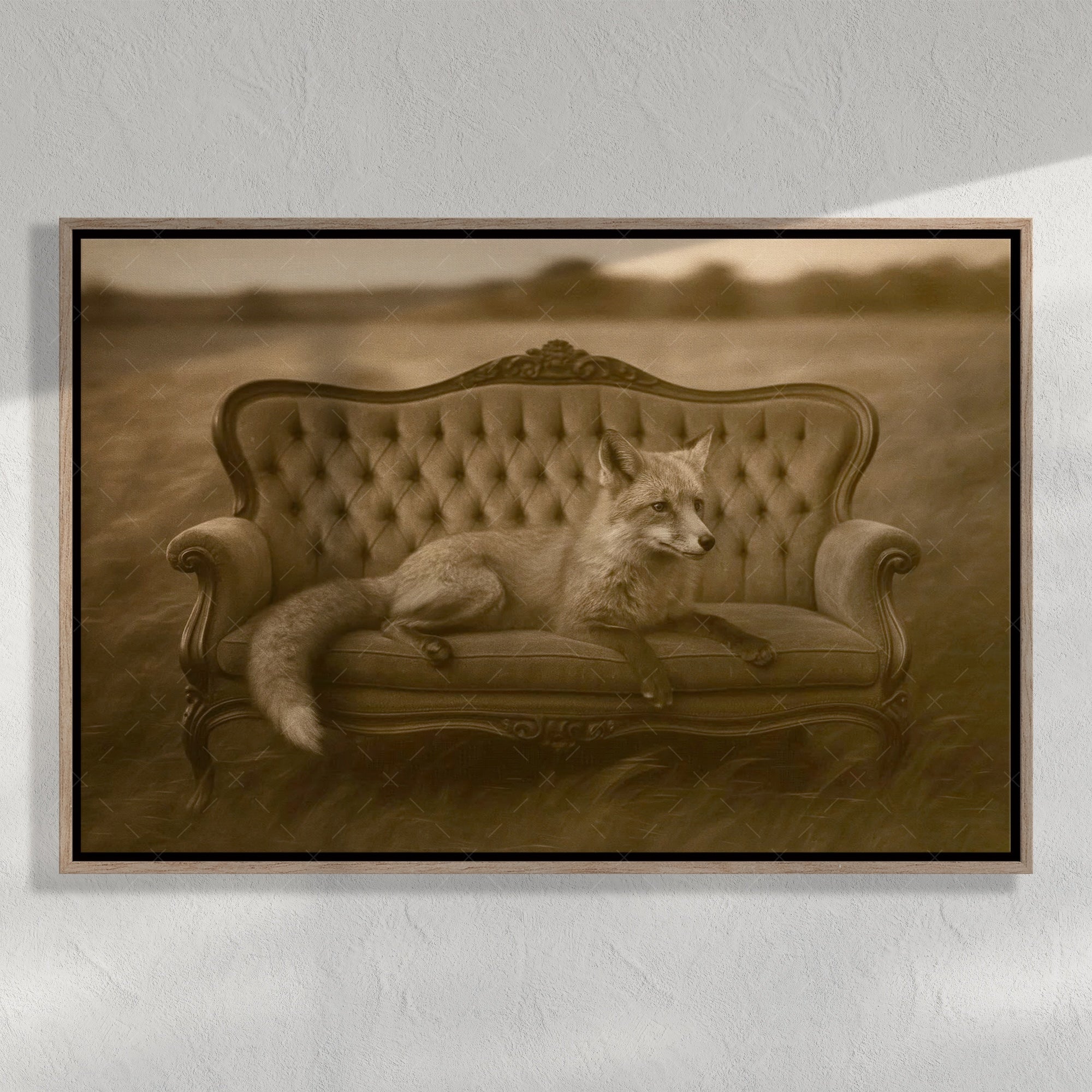 Fox on Victorian Sofa: Elegant Whimsical Sepia Art Print