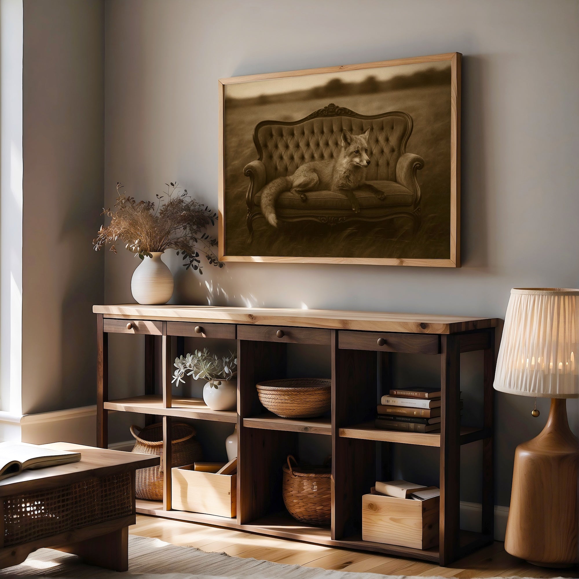 Fox on Victorian Sofa: Elegant Whimsical Sepia Art Print
