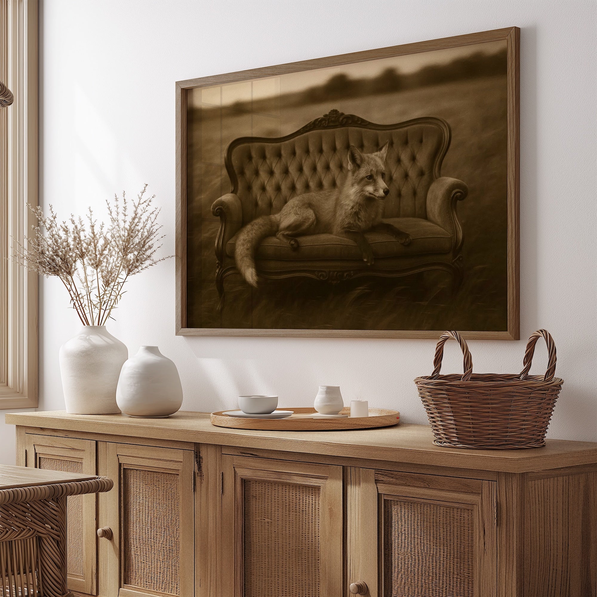 Fox on Victorian Sofa: Elegant Whimsical Sepia Art Print