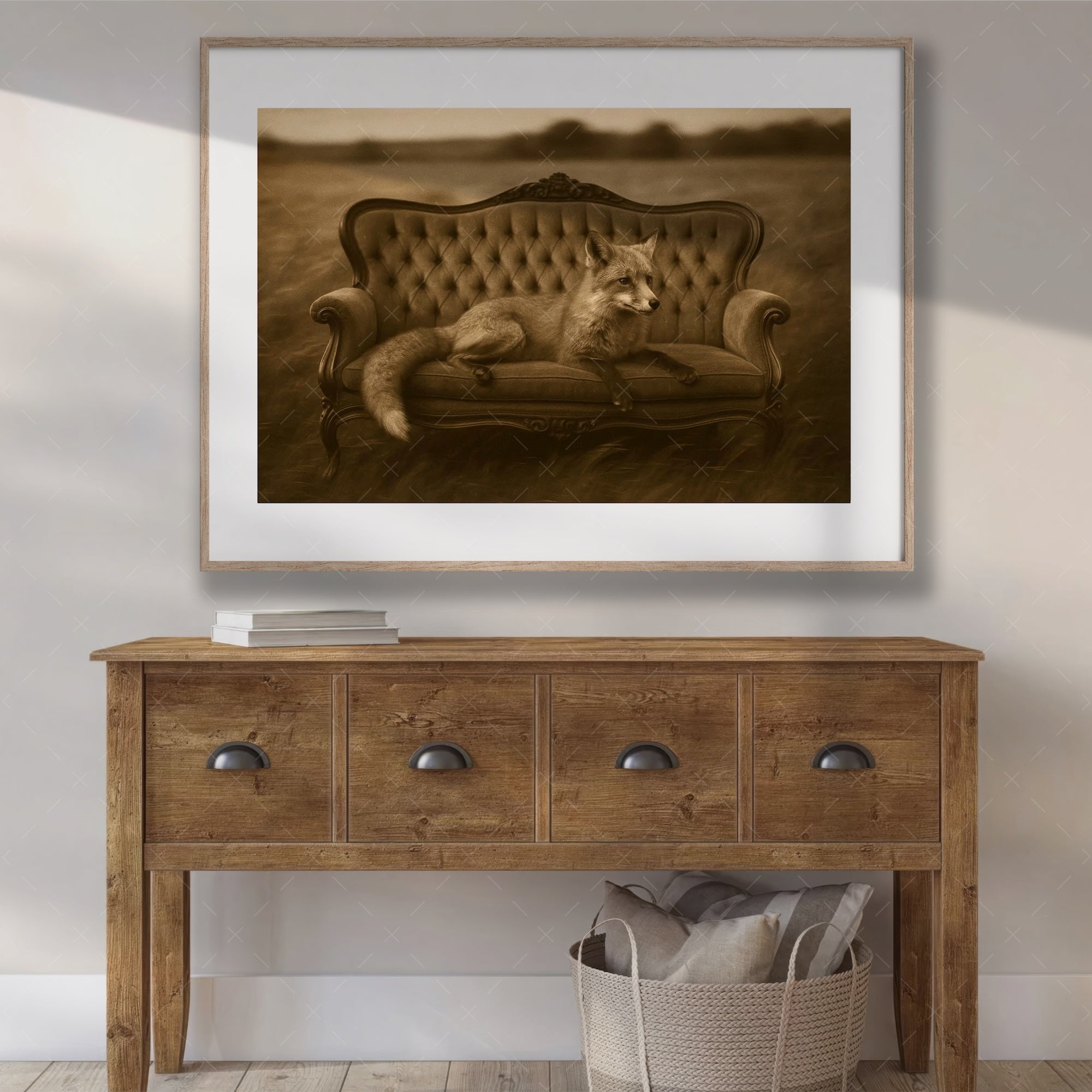 Fox on Victorian Sofa: Elegant Whimsical Sepia Art Print